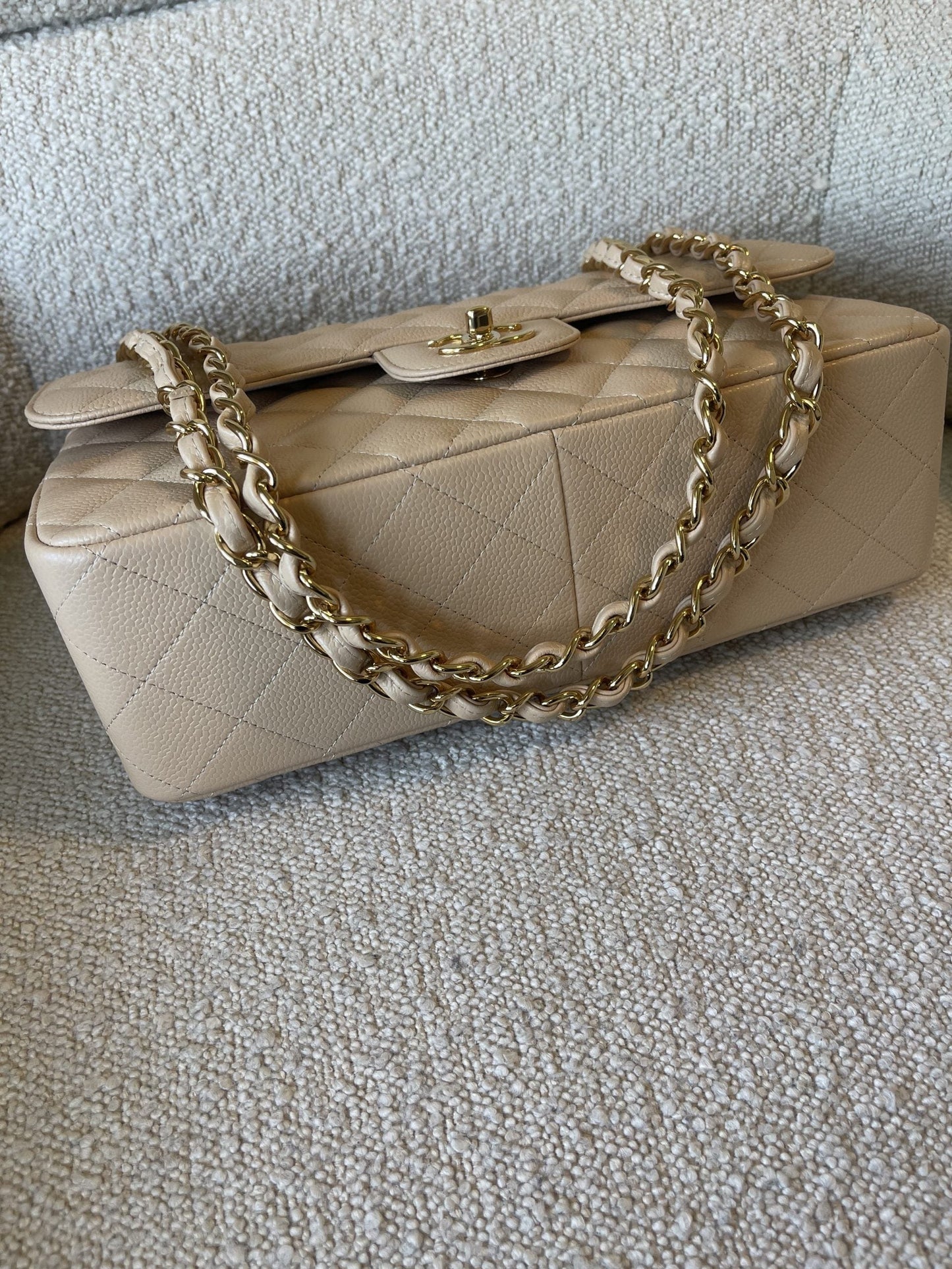 Beige Clair Caviar Quilted Jumbo Classic Flap LGHW