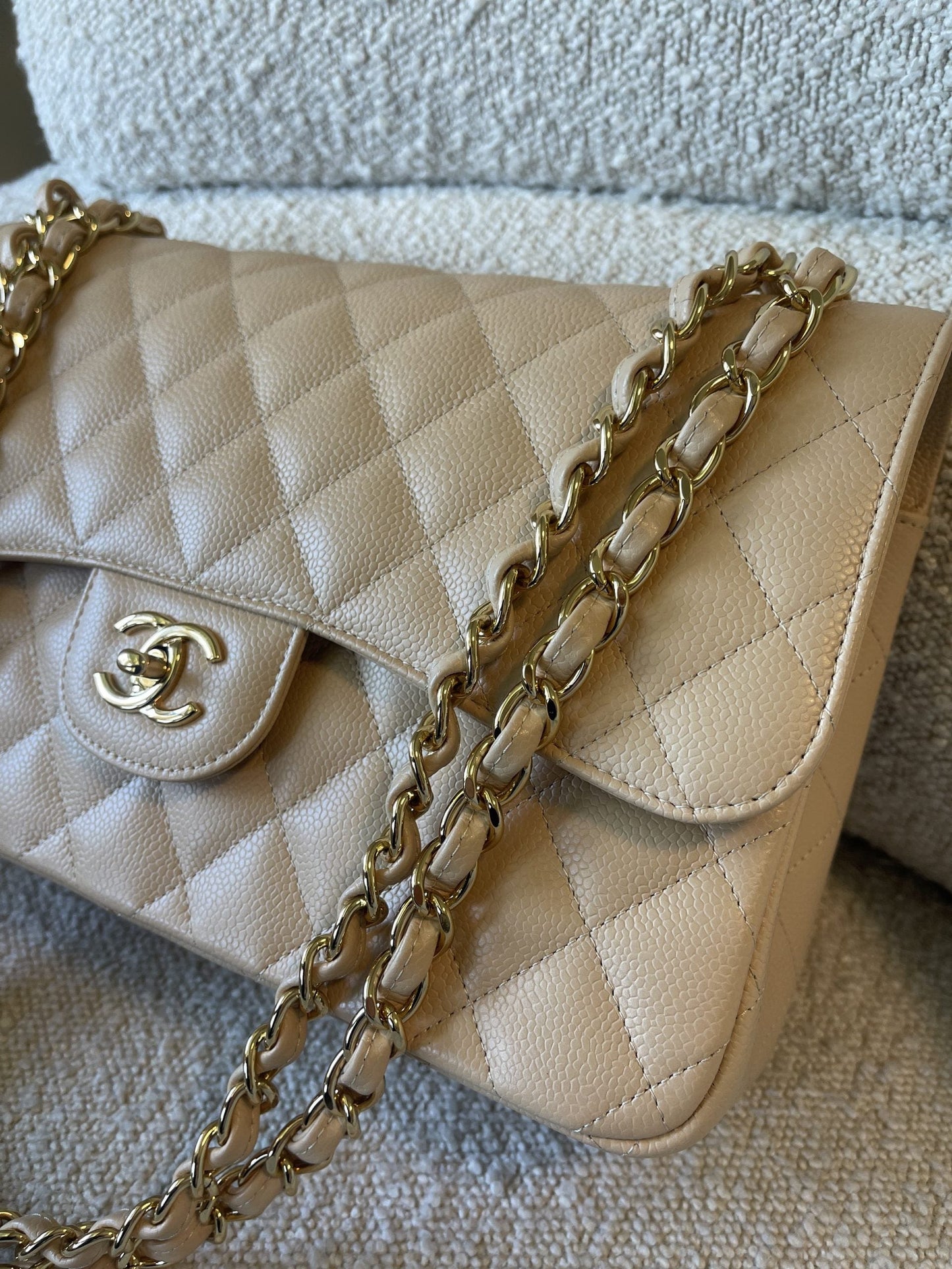 Beige Clair Caviar Quilted Jumbo Classic Flap LGHW