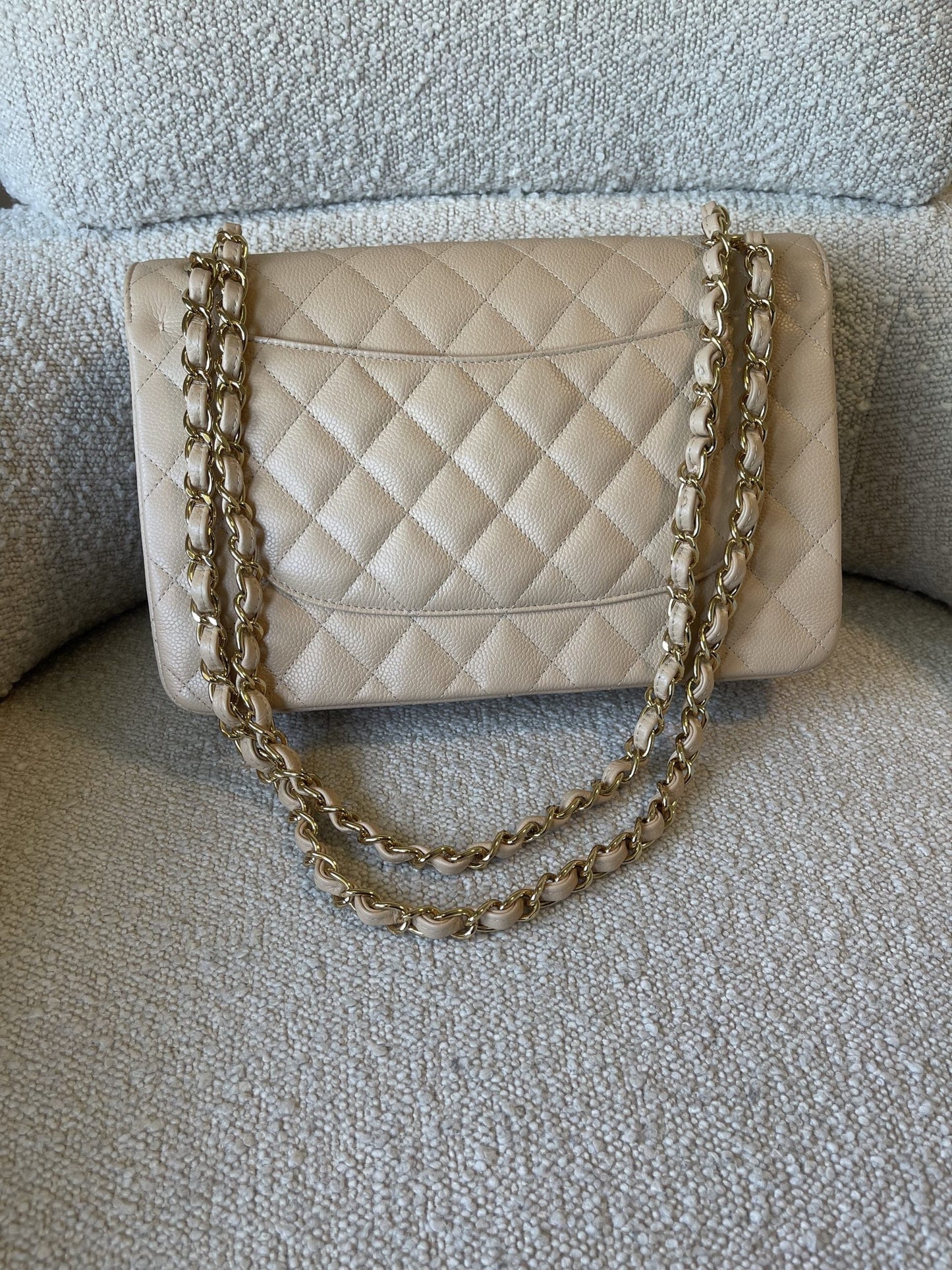 Beige Clair Caviar Quilted Jumbo Classic Flap LGHW