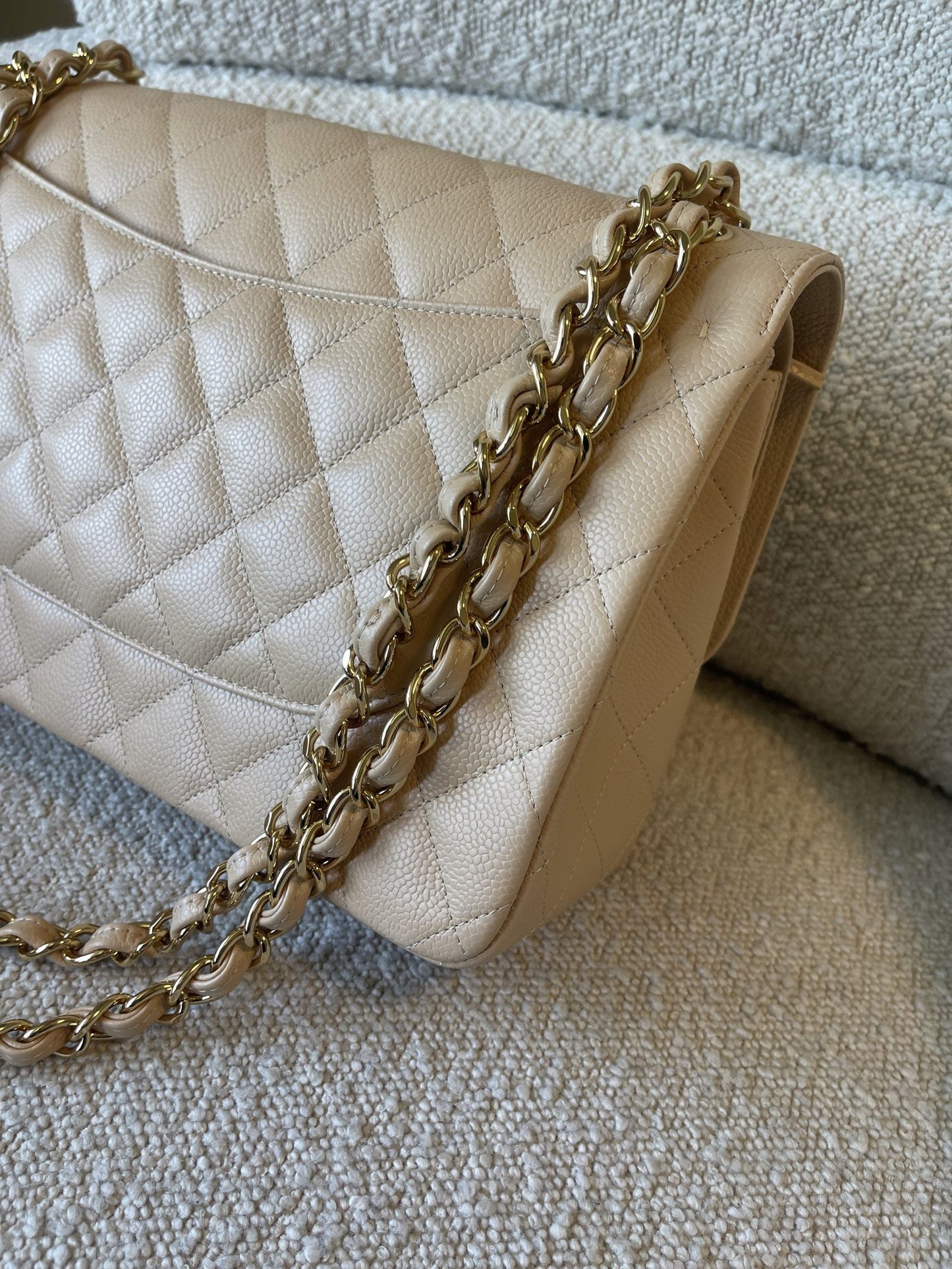 Beige Clair Caviar Quilted Jumbo Classic Flap LGHW