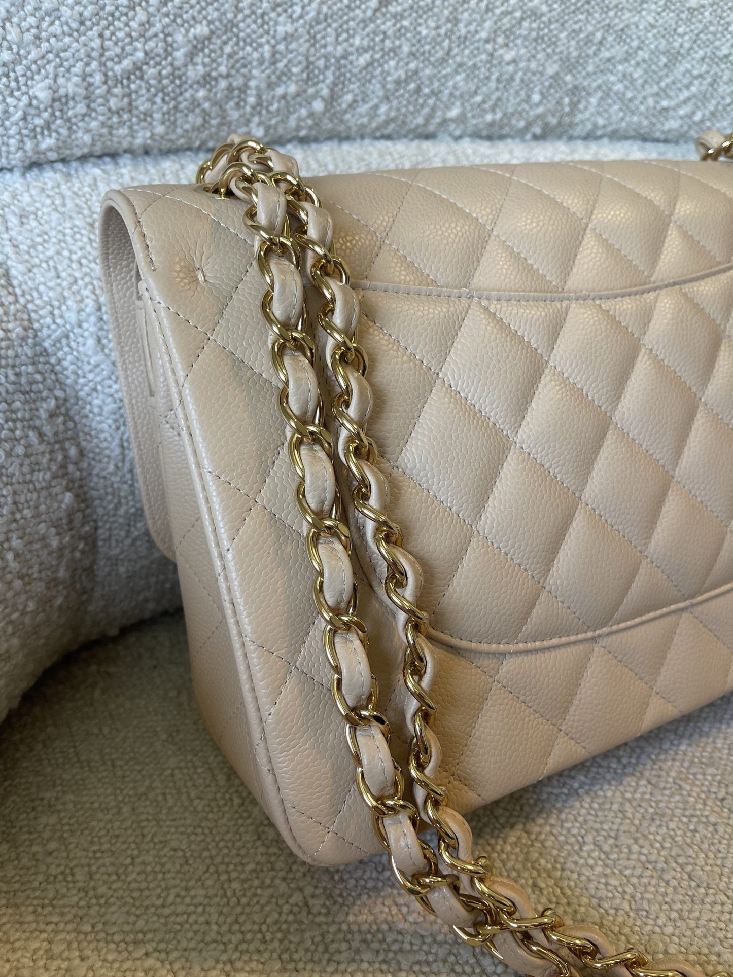 Beige Clair Caviar Quilted Jumbo Classic Flap LGHW