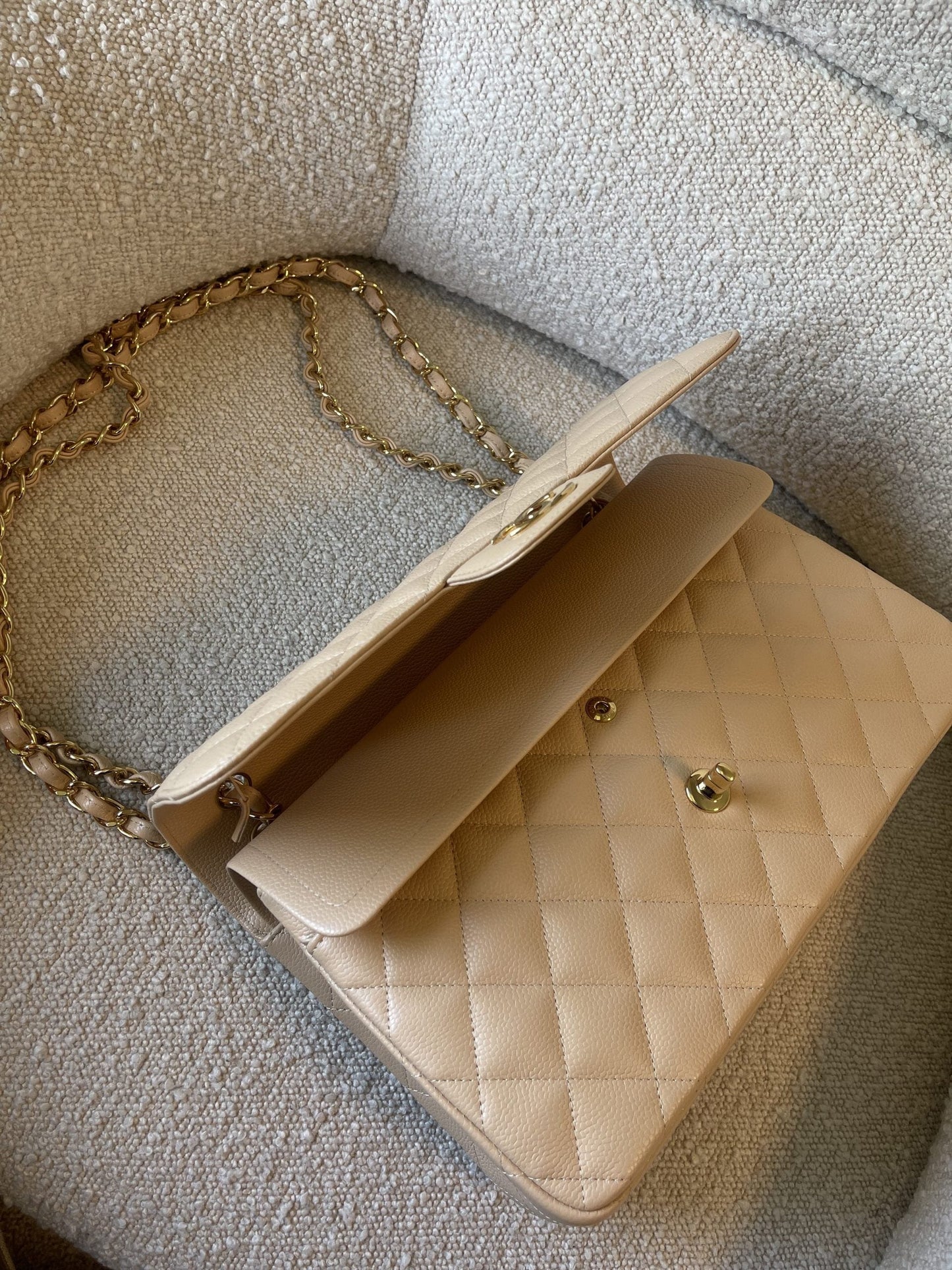 Beige Clair Caviar Quilted Jumbo Classic Flap LGHW