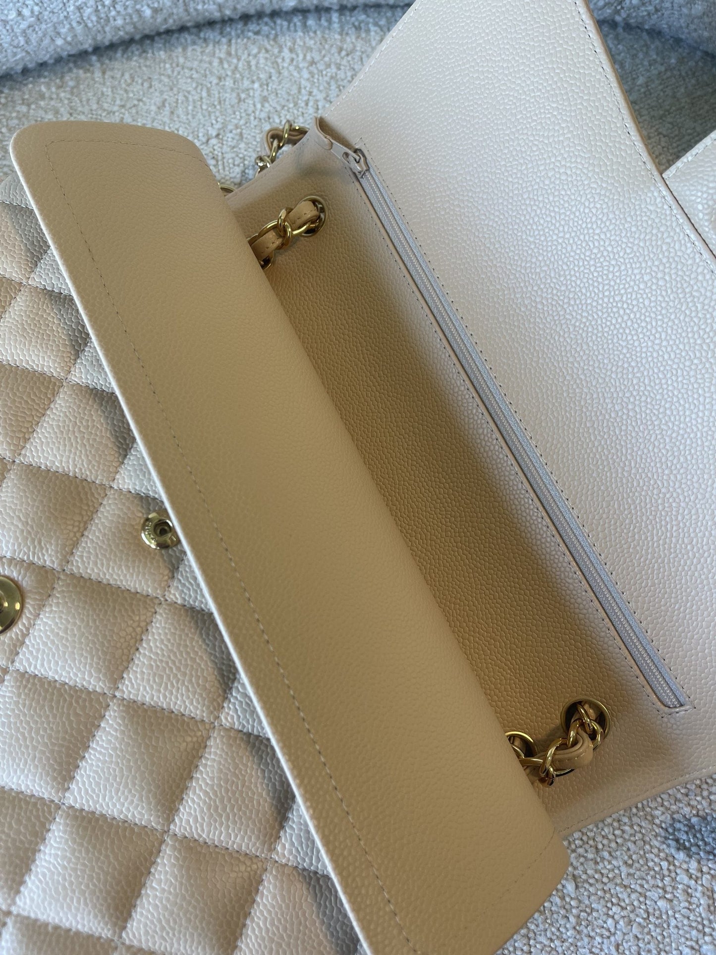 Beige Clair Caviar Quilted Jumbo Classic Flap LGHW