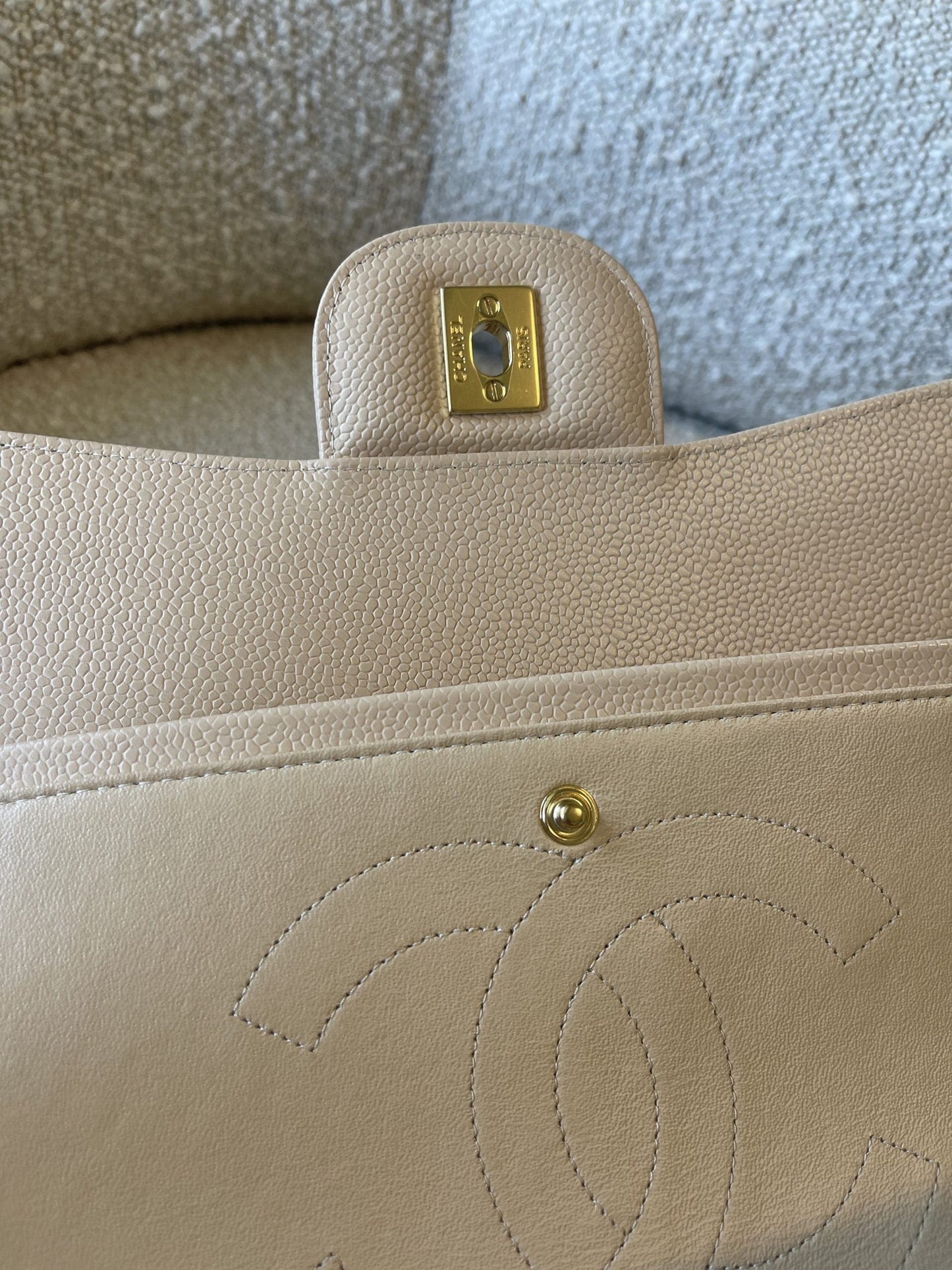 Beige Clair Caviar Quilted Jumbo Classic Flap LGHW