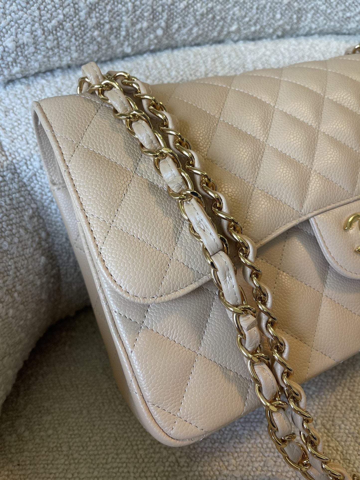 Beige Clair Caviar Quilted Jumbo Classic Flap LGHW