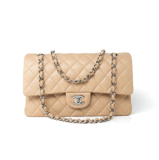 Beige Clair Lambskin Quilted Classic Flap Medium Silver Hardware
