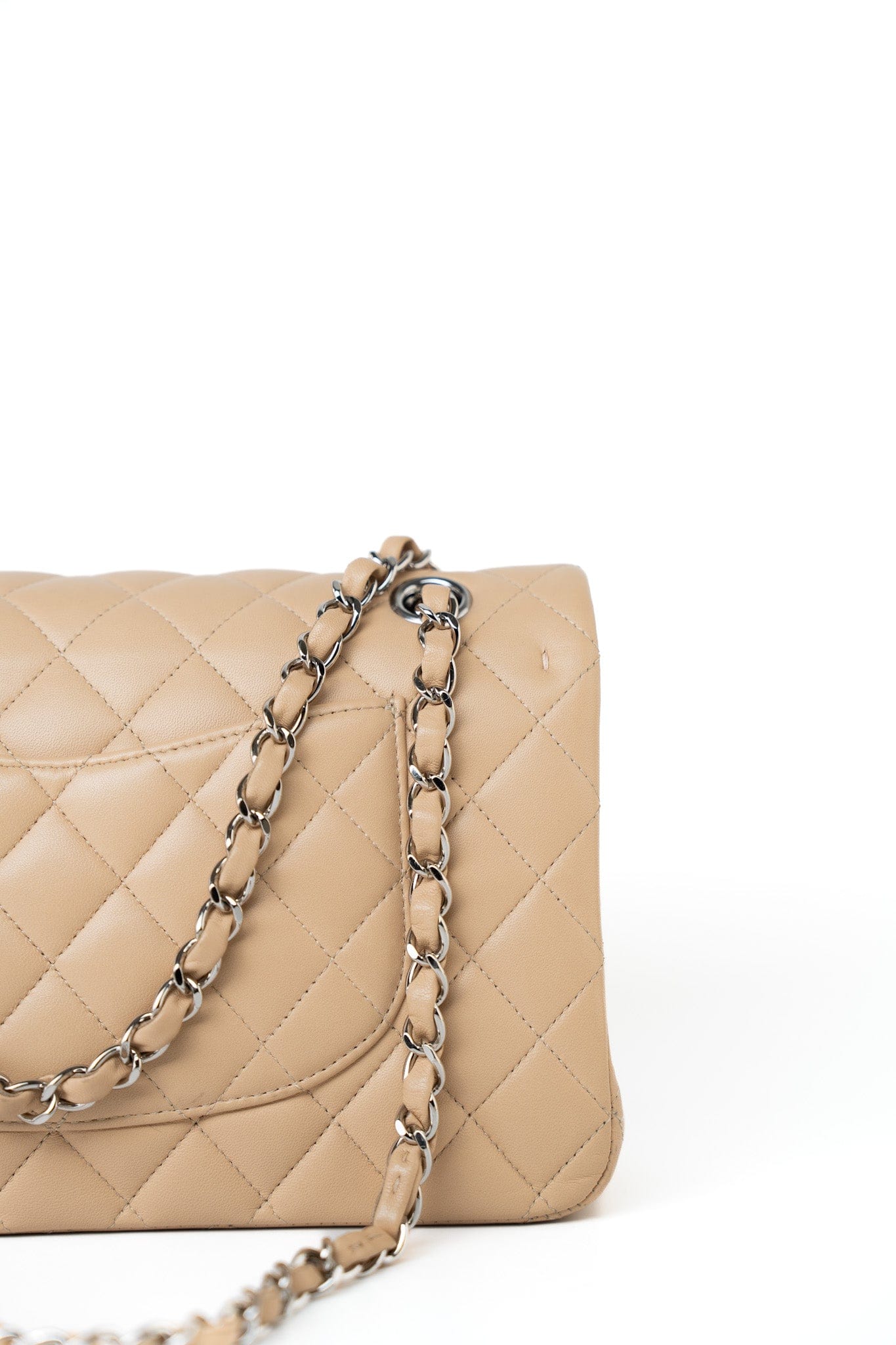 Beige Clair Lambskin Quilted Classic Flap Medium Silver Hardware
