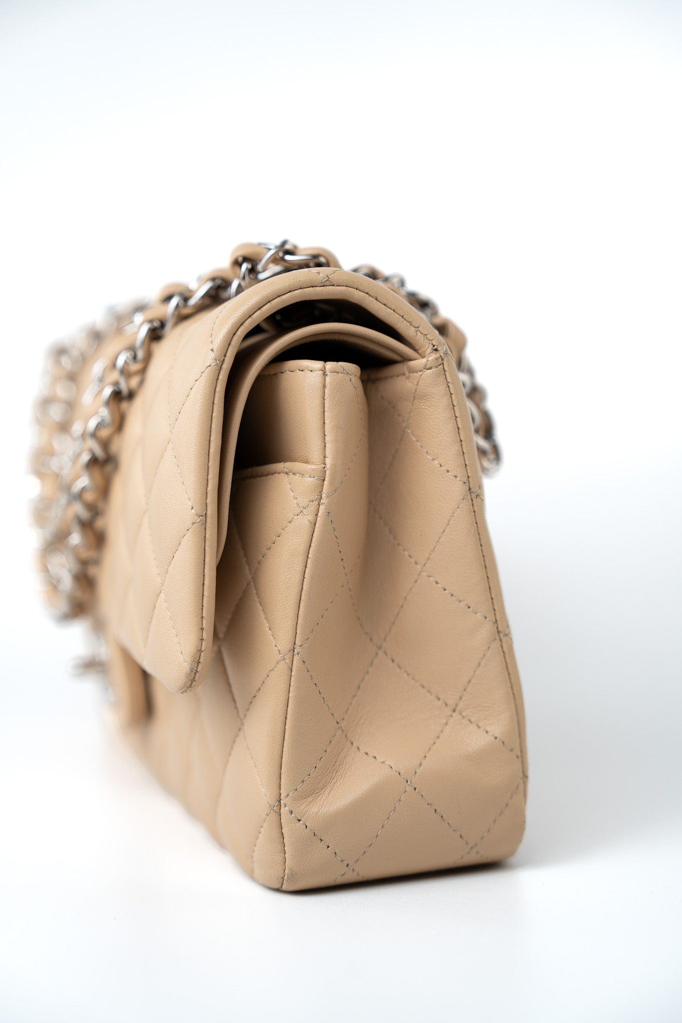 Beige Clair Lambskin Quilted Classic Flap Medium Silver Hardware