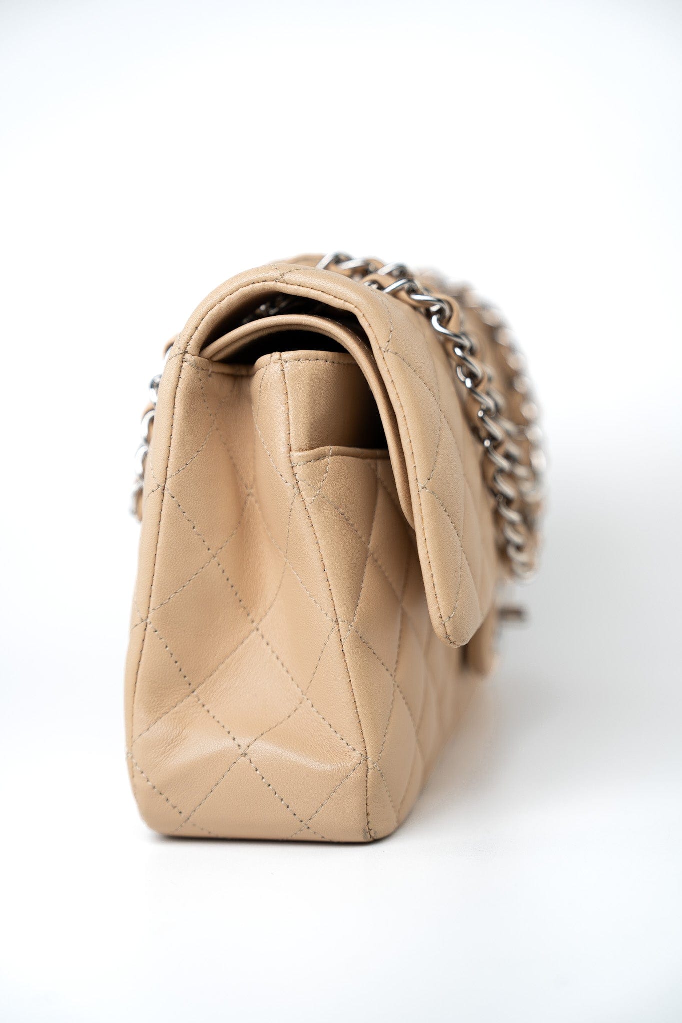 Beige Clair Lambskin Quilted Classic Flap Medium Silver Hardware