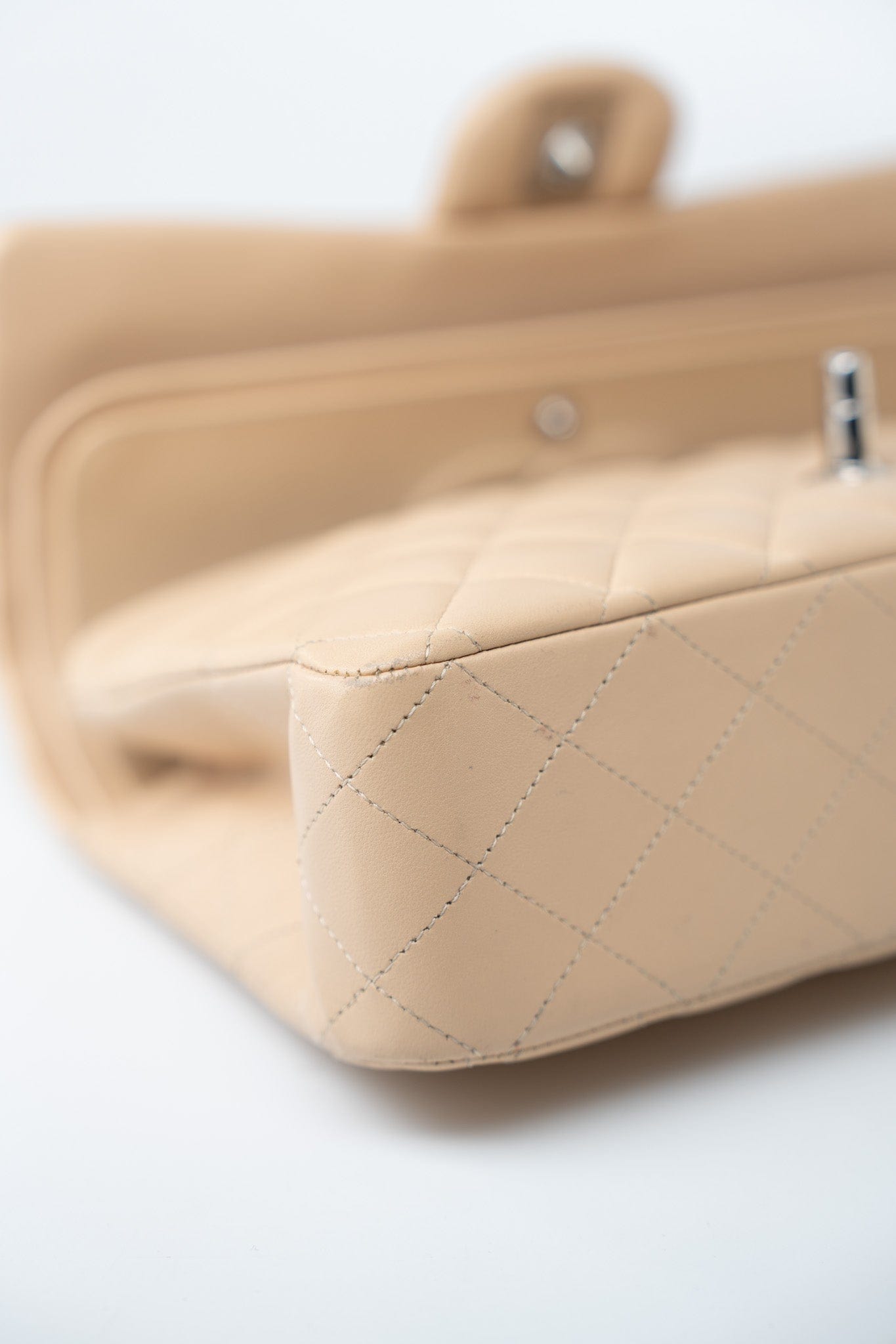 Beige Clair Lambskin Quilted Classic Flap Medium Silver Hardware