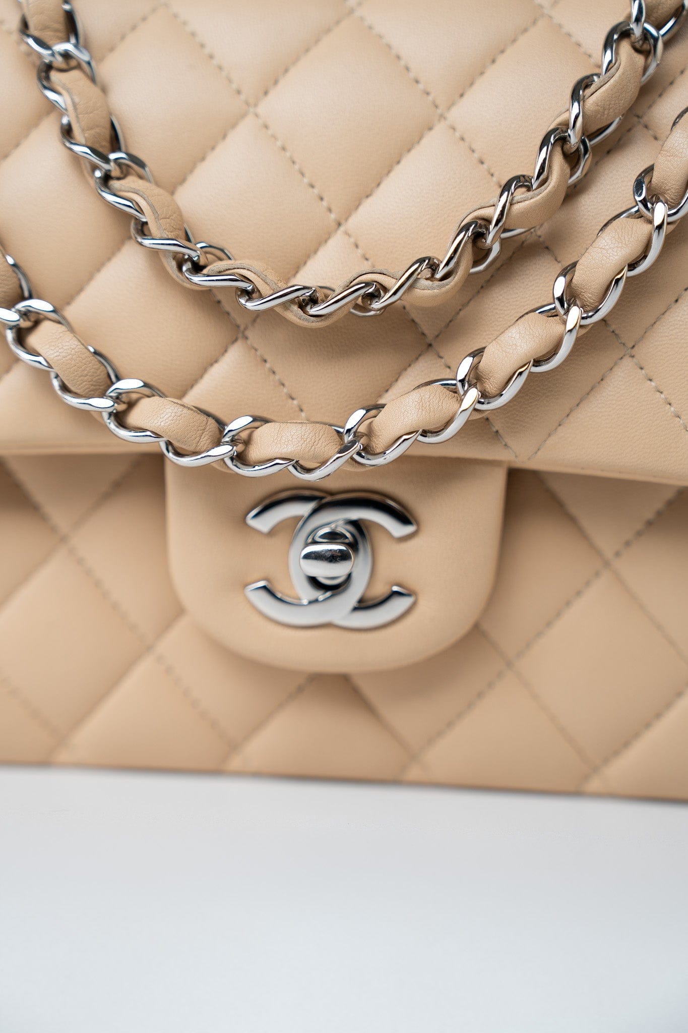 Beige Clair Lambskin Quilted Classic Flap Medium Silver Hardware