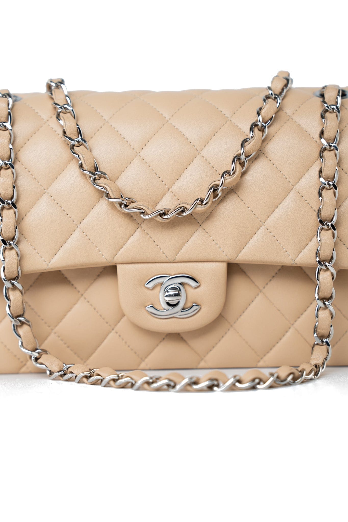 Beige Clair Lambskin Quilted Classic Flap Medium Silver Hardware