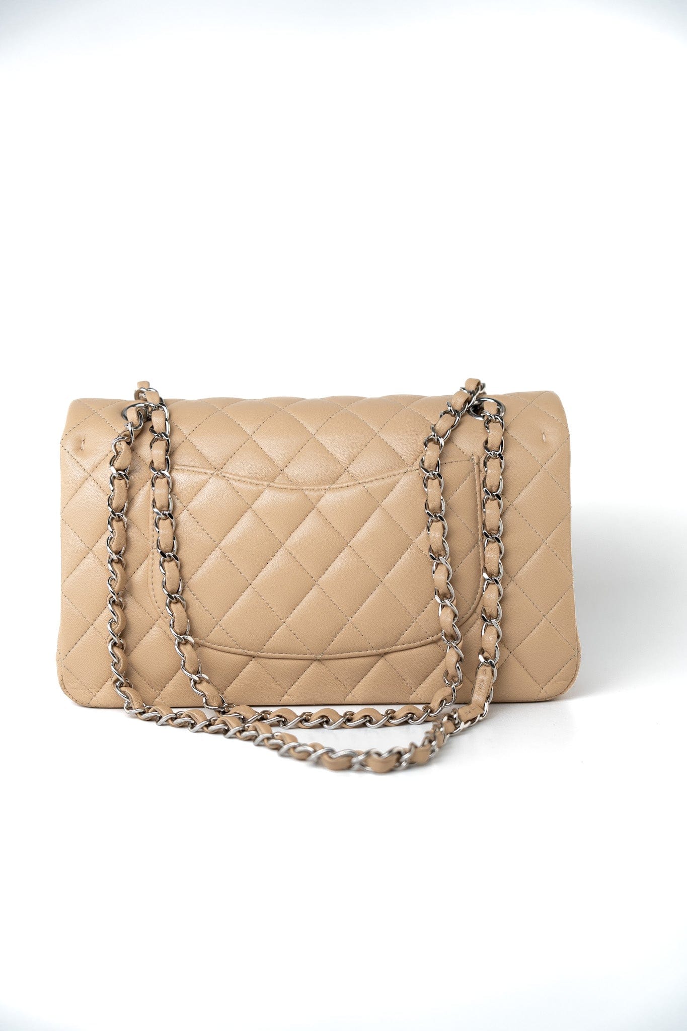Beige Clair Lambskin Quilted Classic Flap Medium Silver Hardware