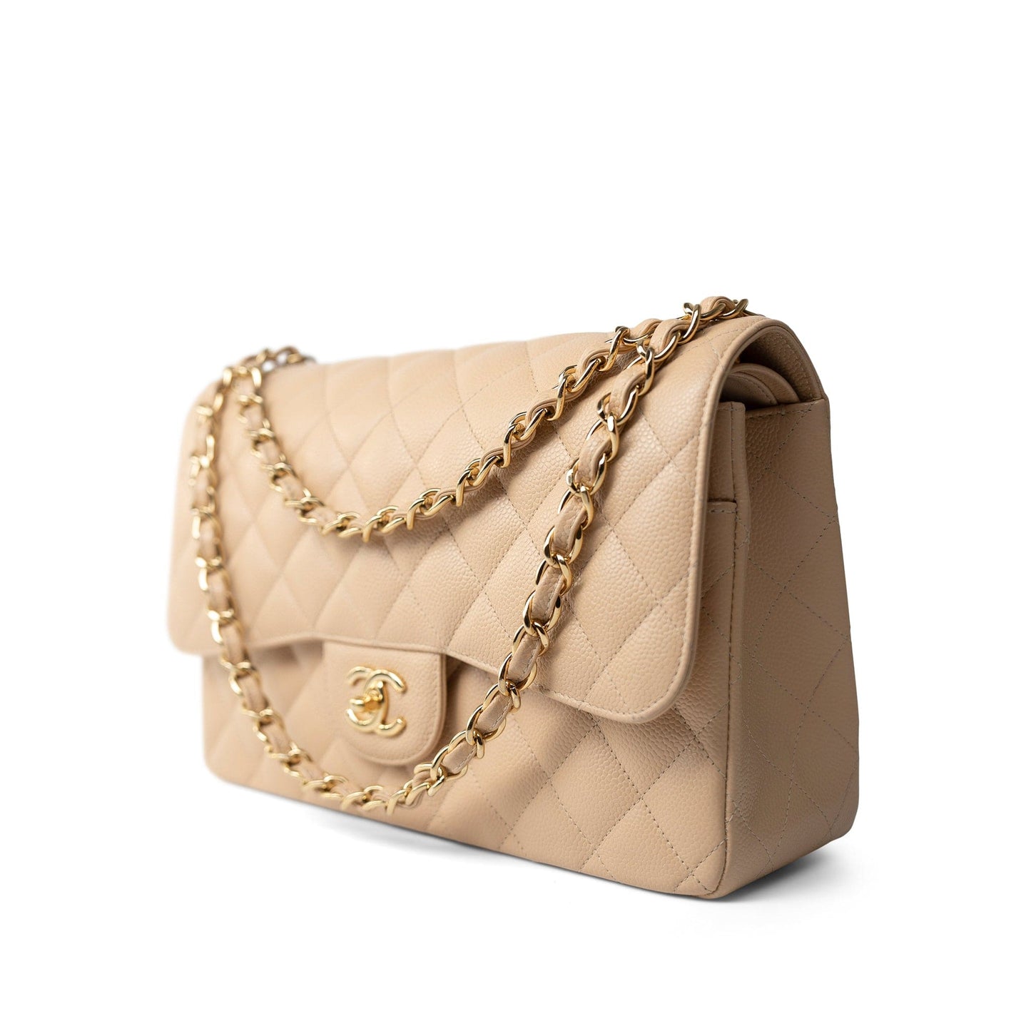 Beige Clair Caviar Quilted Jumbo Classic Flap Gold Hardware