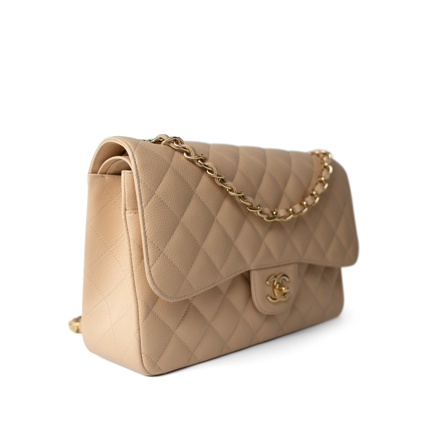 Beige Clair Caviar Quilted Jumbo Classic Flap Gold Hardware