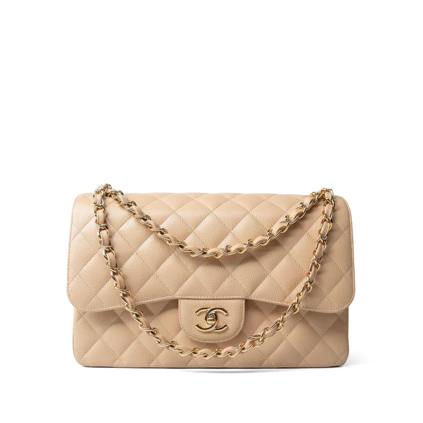 Beige Clair Caviar Quilted Jumbo Classic Flap Gold Hardware