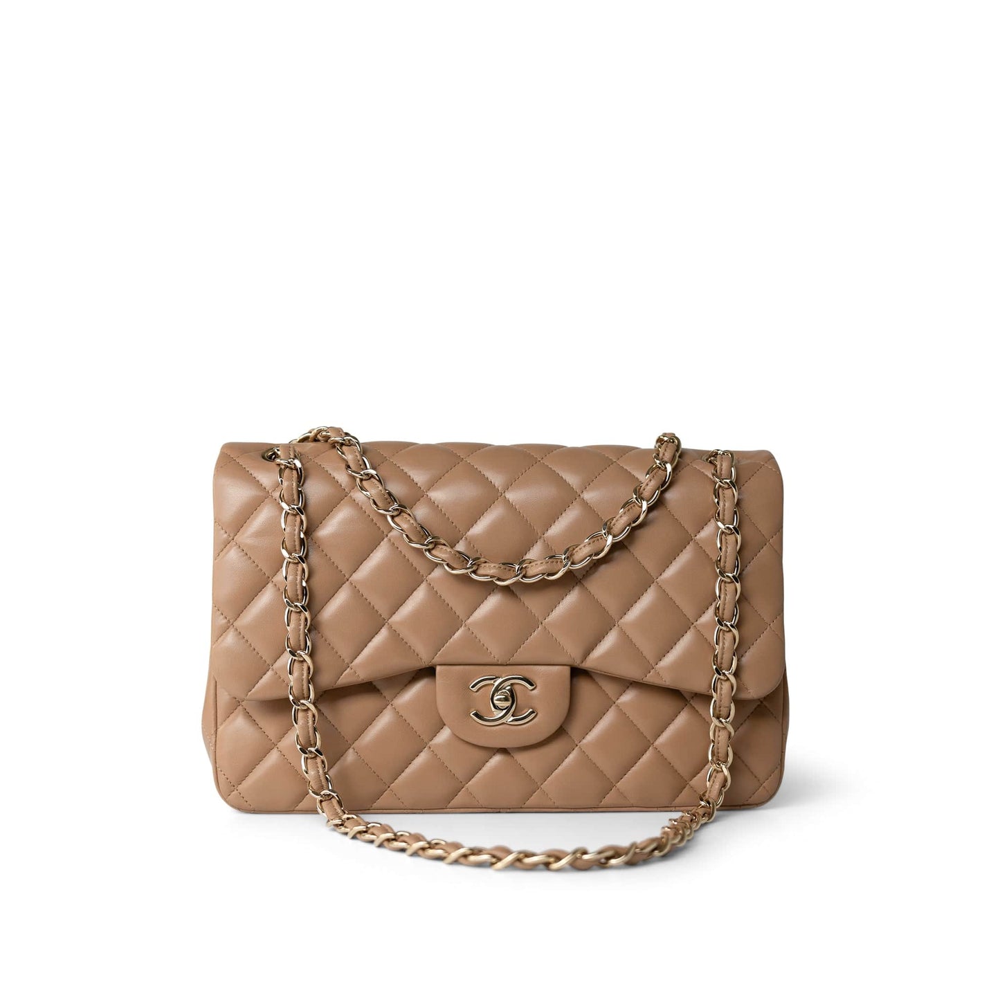 Dark Beige / Caramel Lambskin Quilted Jumbo Classic Flap Light Gold Hardware