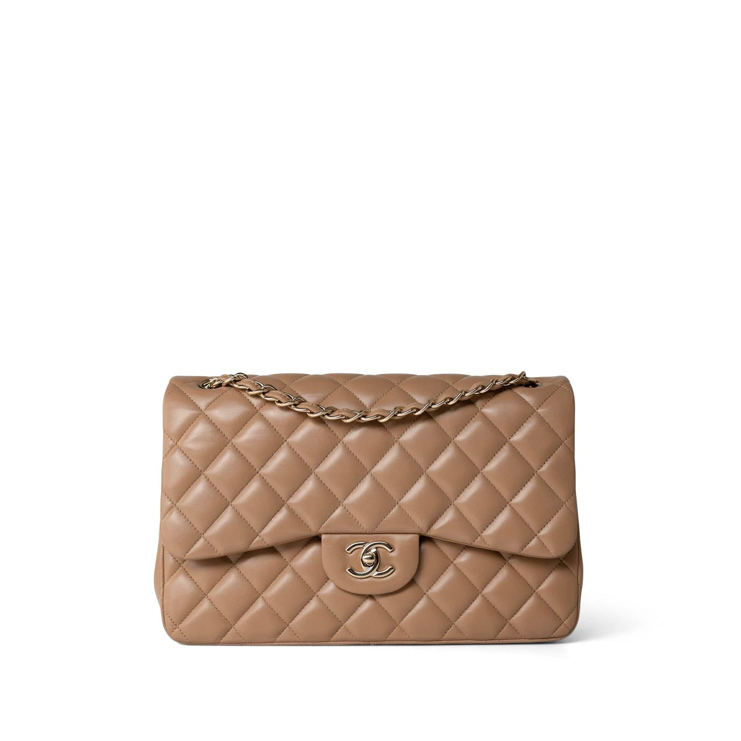 Dark Beige / Caramel Lambskin Quilted Jumbo Classic Flap Light Gold Hardware