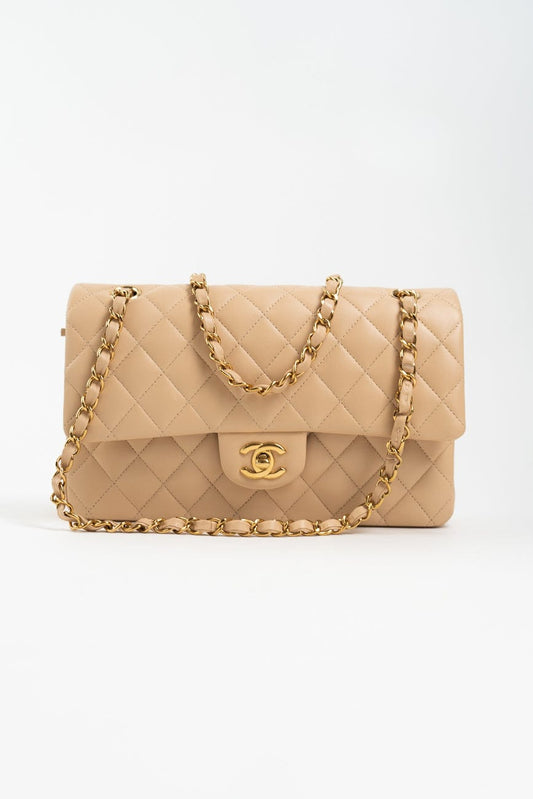 Beige Lambskin Quilted Classic Flap Medium GHW