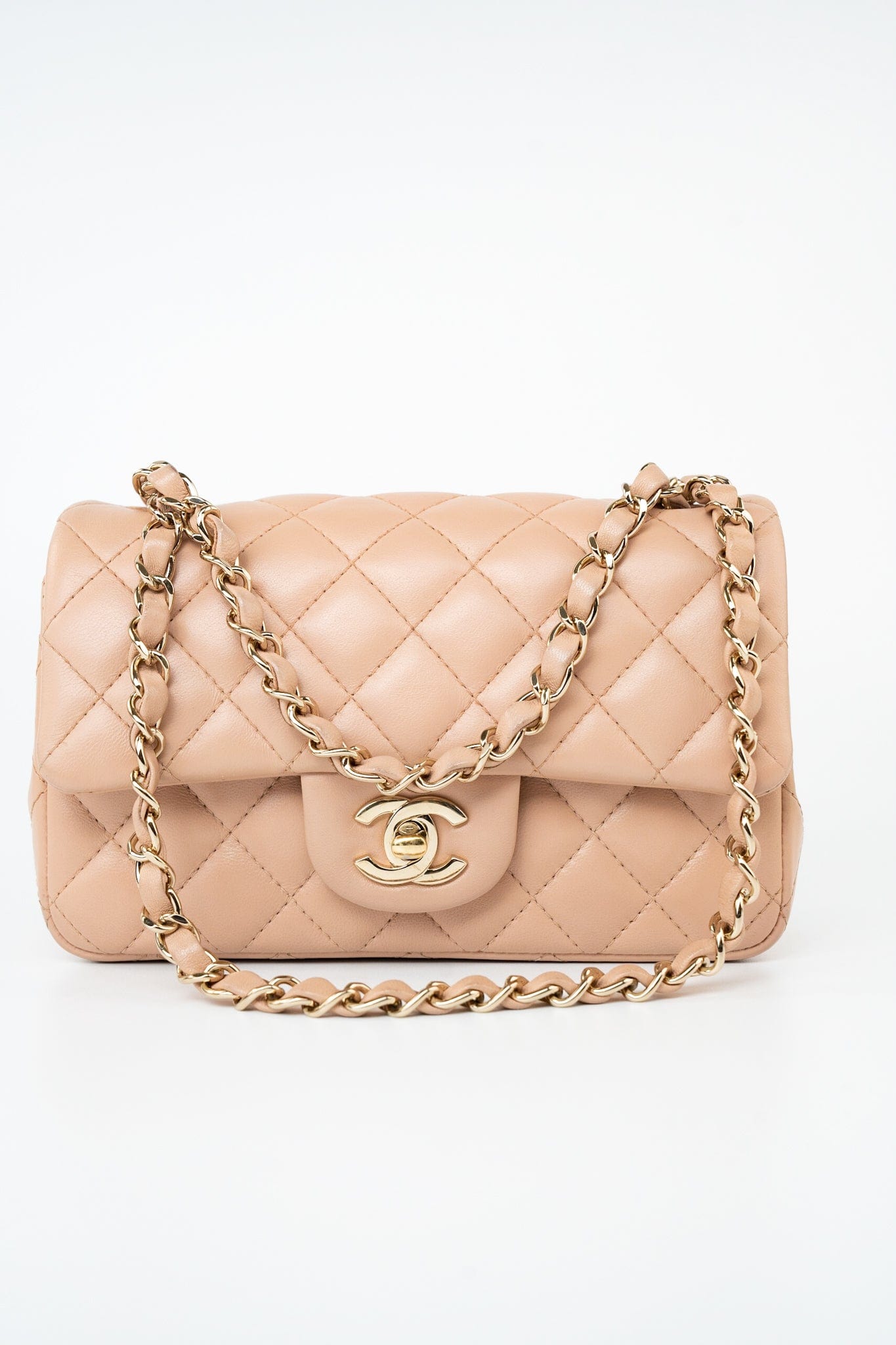 Beige Lambskin Quilted Mini Rectangular Flap Light Gold Hardware