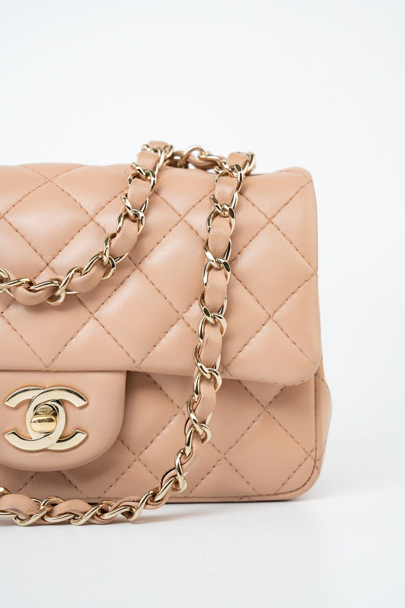 Beige Lambskin Quilted Mini Rectangular Flap Light Gold Hardware