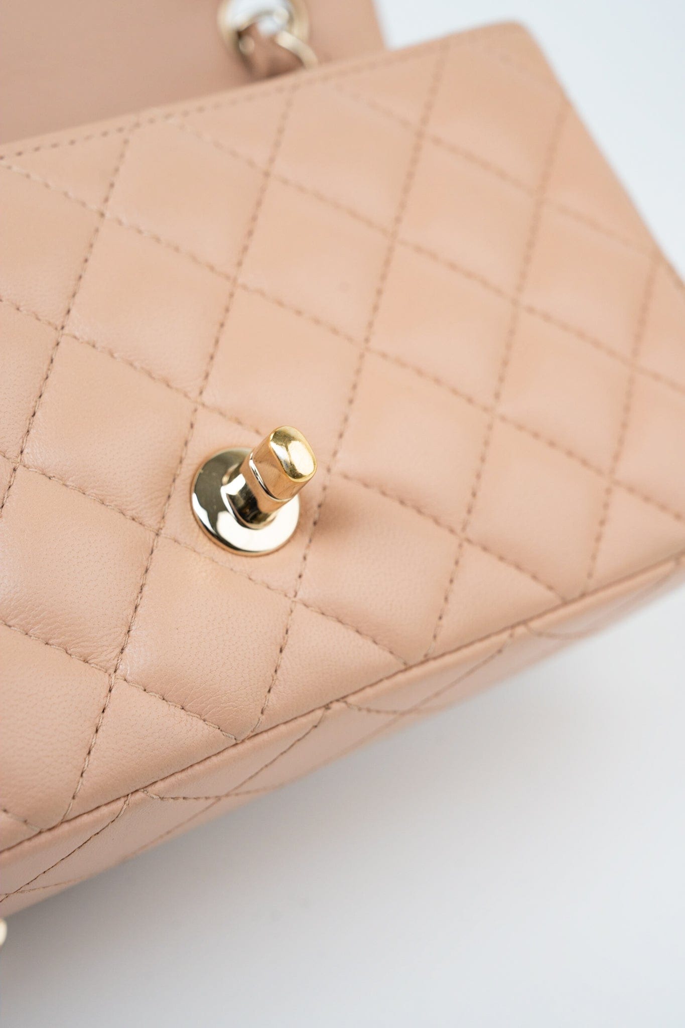 Beige Lambskin Quilted Mini Rectangular Flap Light Gold Hardware