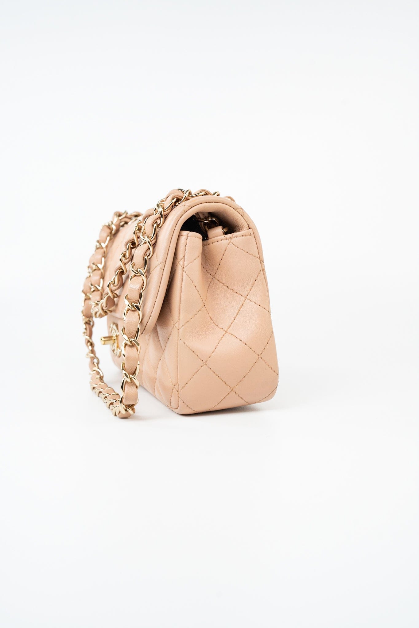 Beige Lambskin Quilted Mini Rectangular Flap Light Gold Hardware