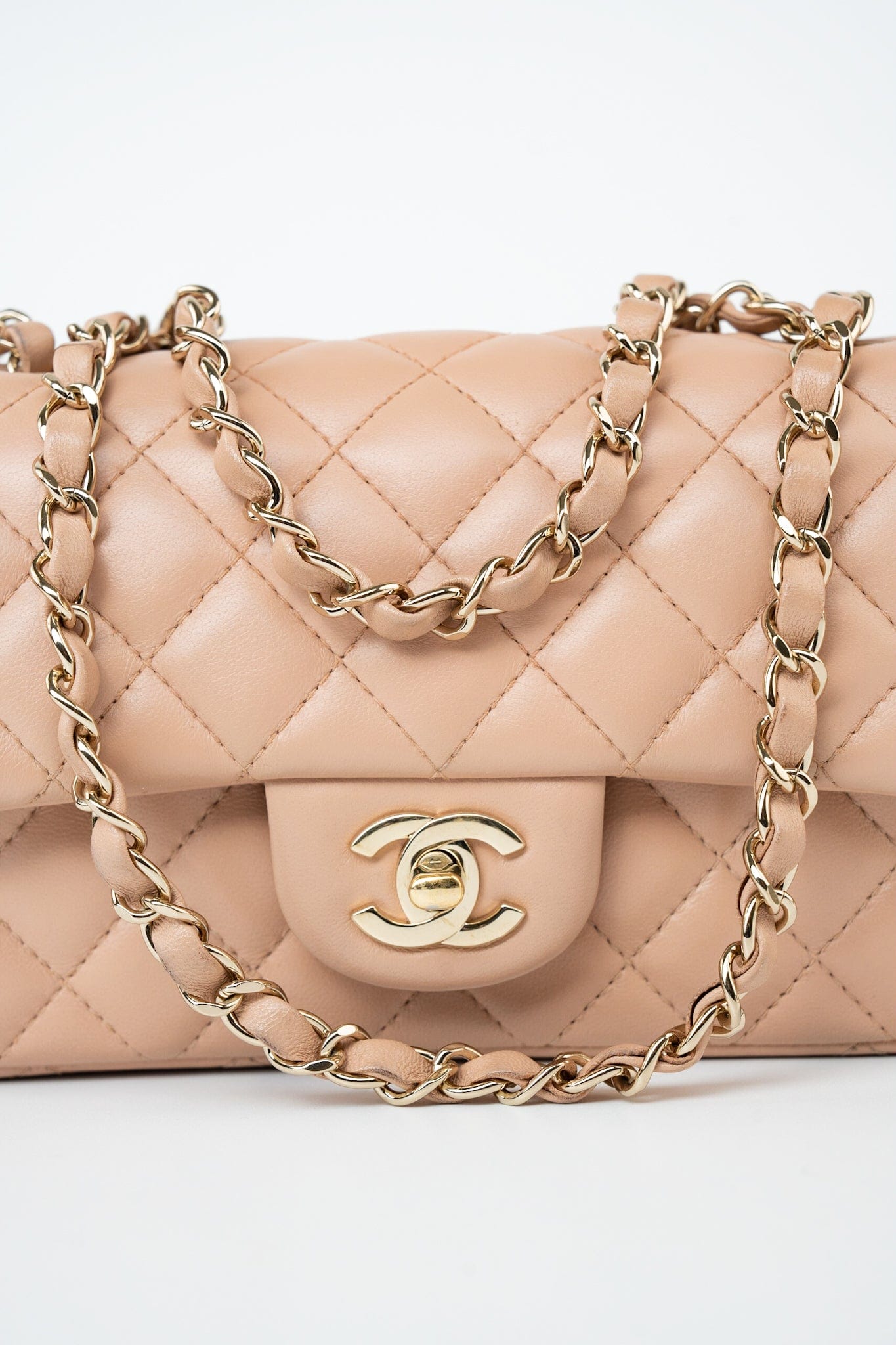 Beige Lambskin Quilted Mini Rectangular Flap Light Gold Hardware