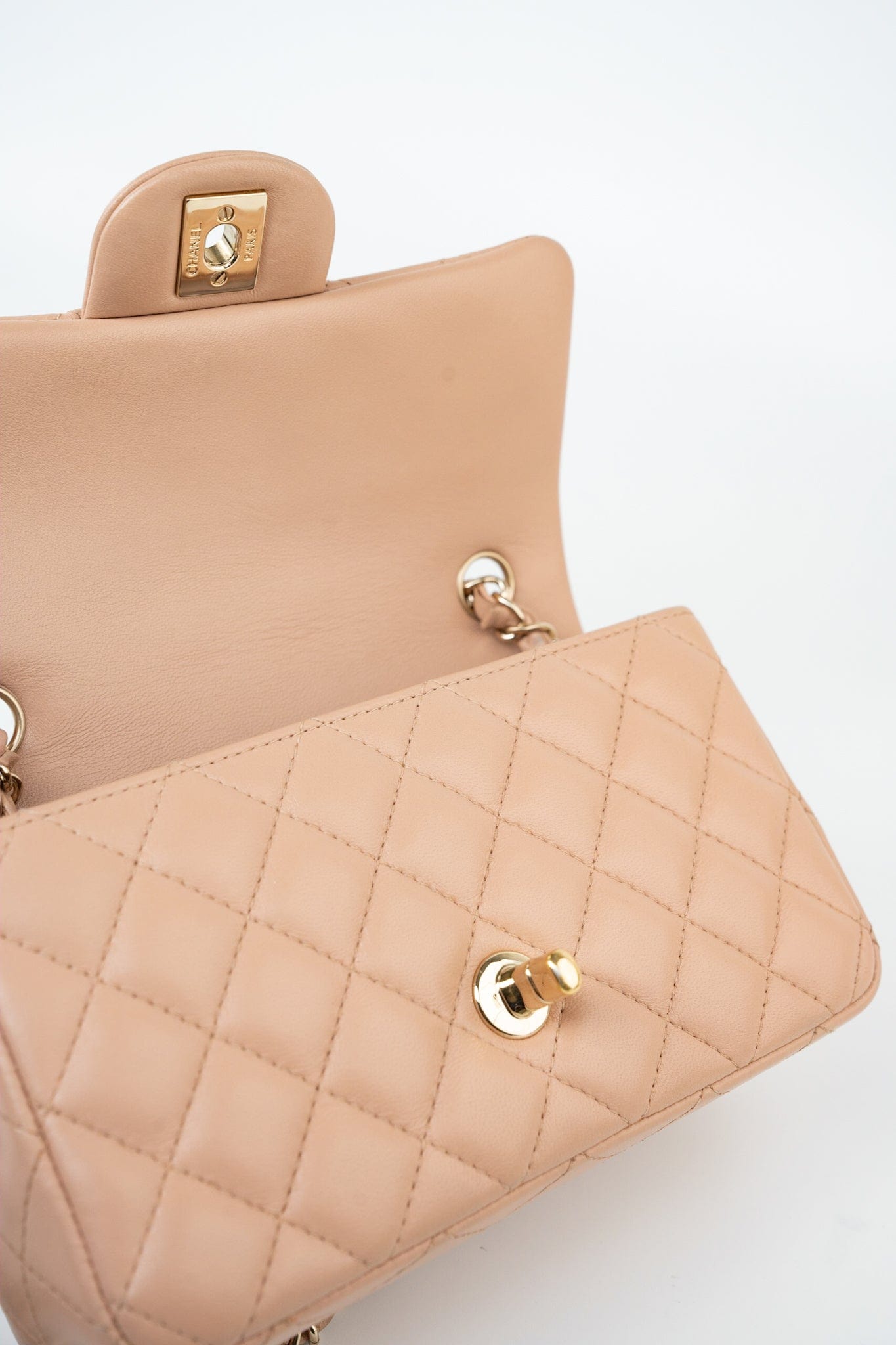 Beige Lambskin Quilted Mini Rectangular Flap Light Gold Hardware