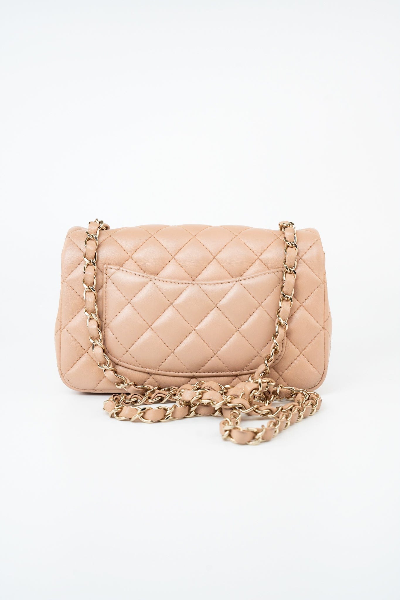 Beige Lambskin Quilted Mini Rectangular Flap Light Gold Hardware