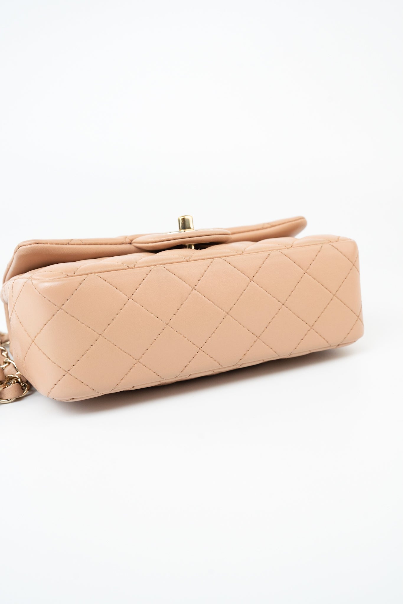 Beige Lambskin Quilted Mini Rectangular Flap Light Gold Hardware
