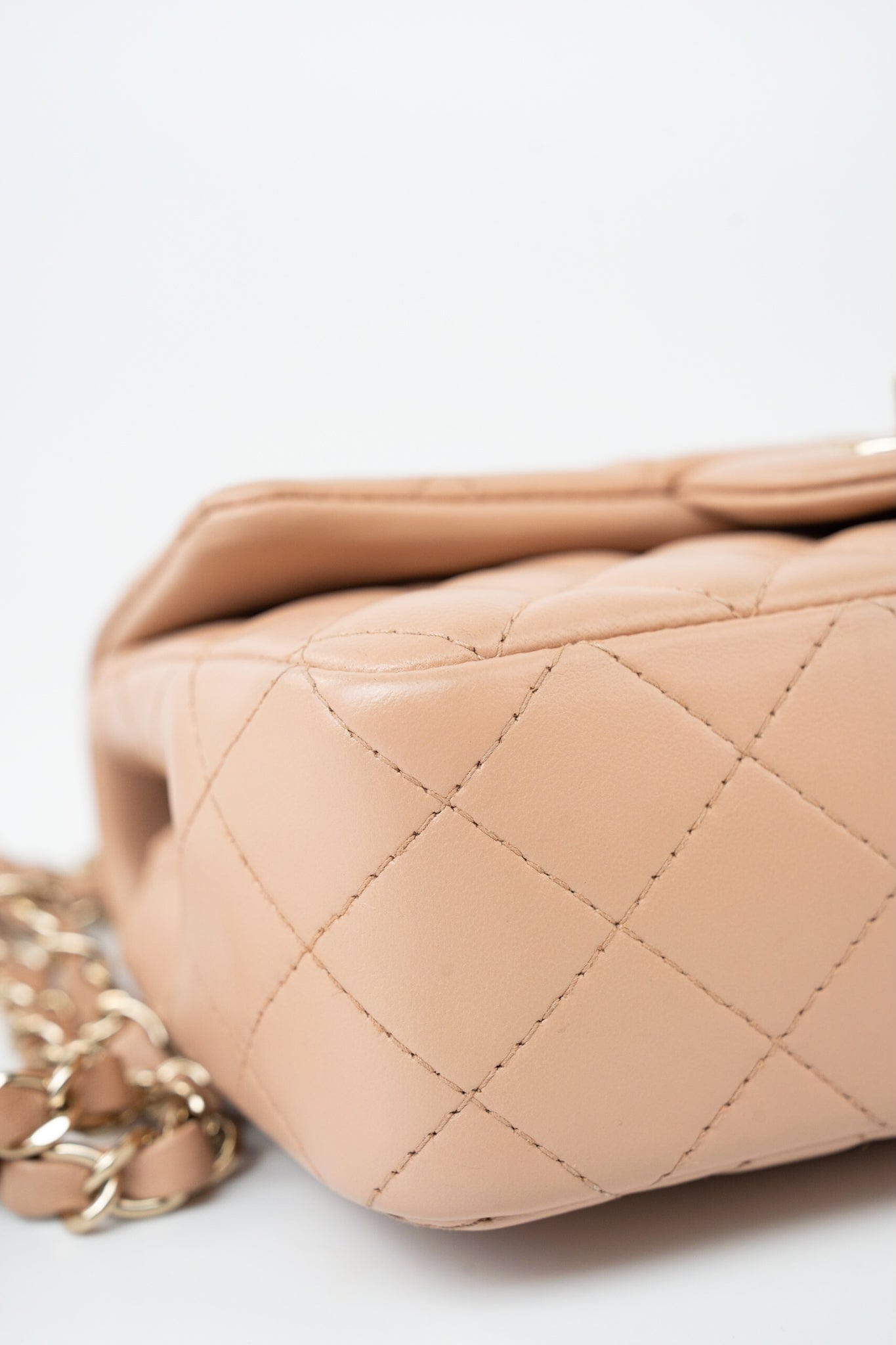 Beige Lambskin Quilted Mini Rectangular Flap Light Gold Hardware