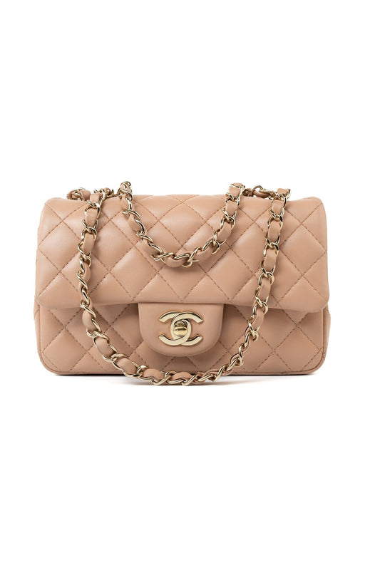 Beige Lambskin Quilted Mini Rectangular Flap Light Gold Hardware