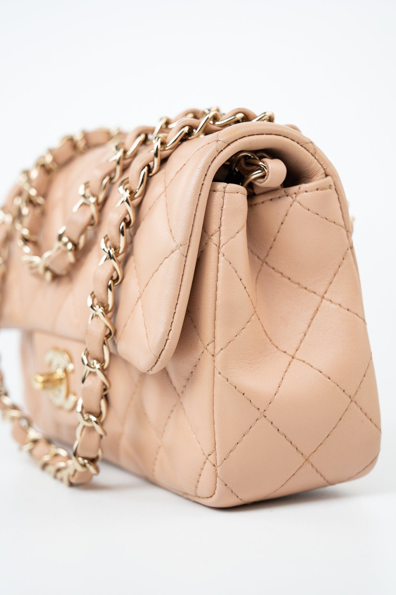 Beige Lambskin Quilted Mini Rectangular Flap Light Gold Hardware