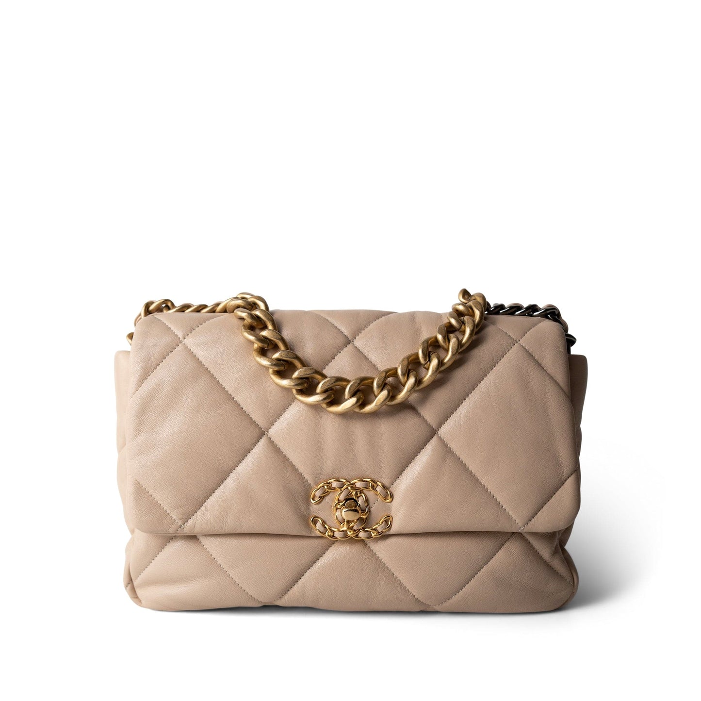 Light Beige Goatskin Quilted 19 Flap Large Mixed Hardware