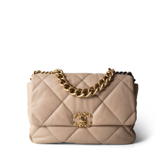 Light Beige Goatskin Quilted 19 Flap Large Mixed Hardware