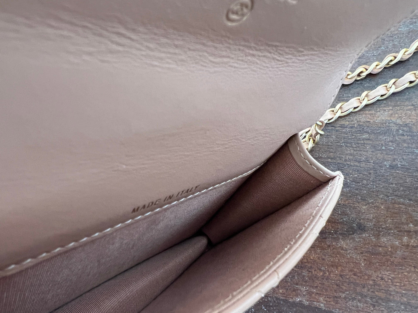 Beige Micro Lambskin Quilted Coin Purse with Chain Aged Gold Hardware