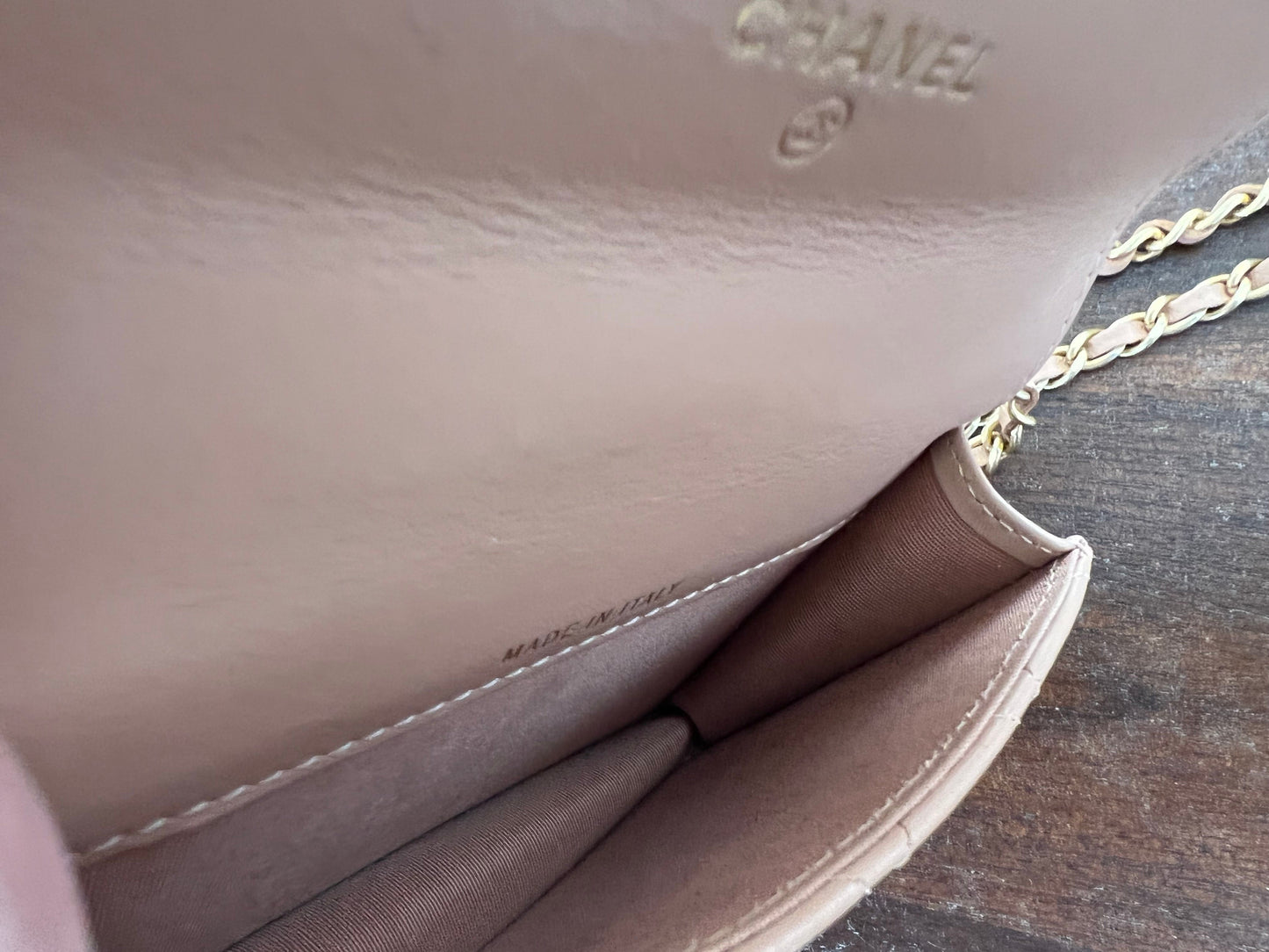 Beige Micro Lambskin Quilted Coin Purse with Chain Aged Gold Hardware