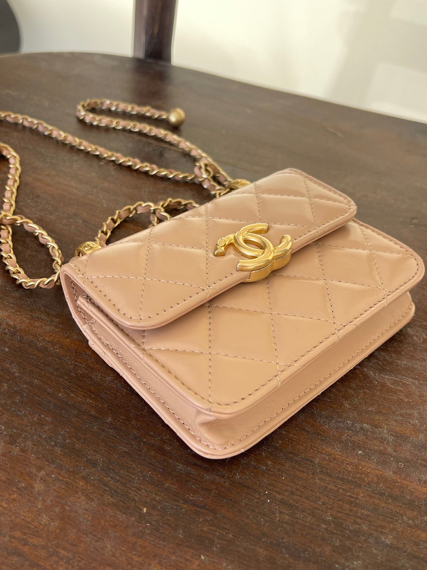 Beige Micro Lambskin Quilted Coin Purse with Chain Aged Gold Hardware
