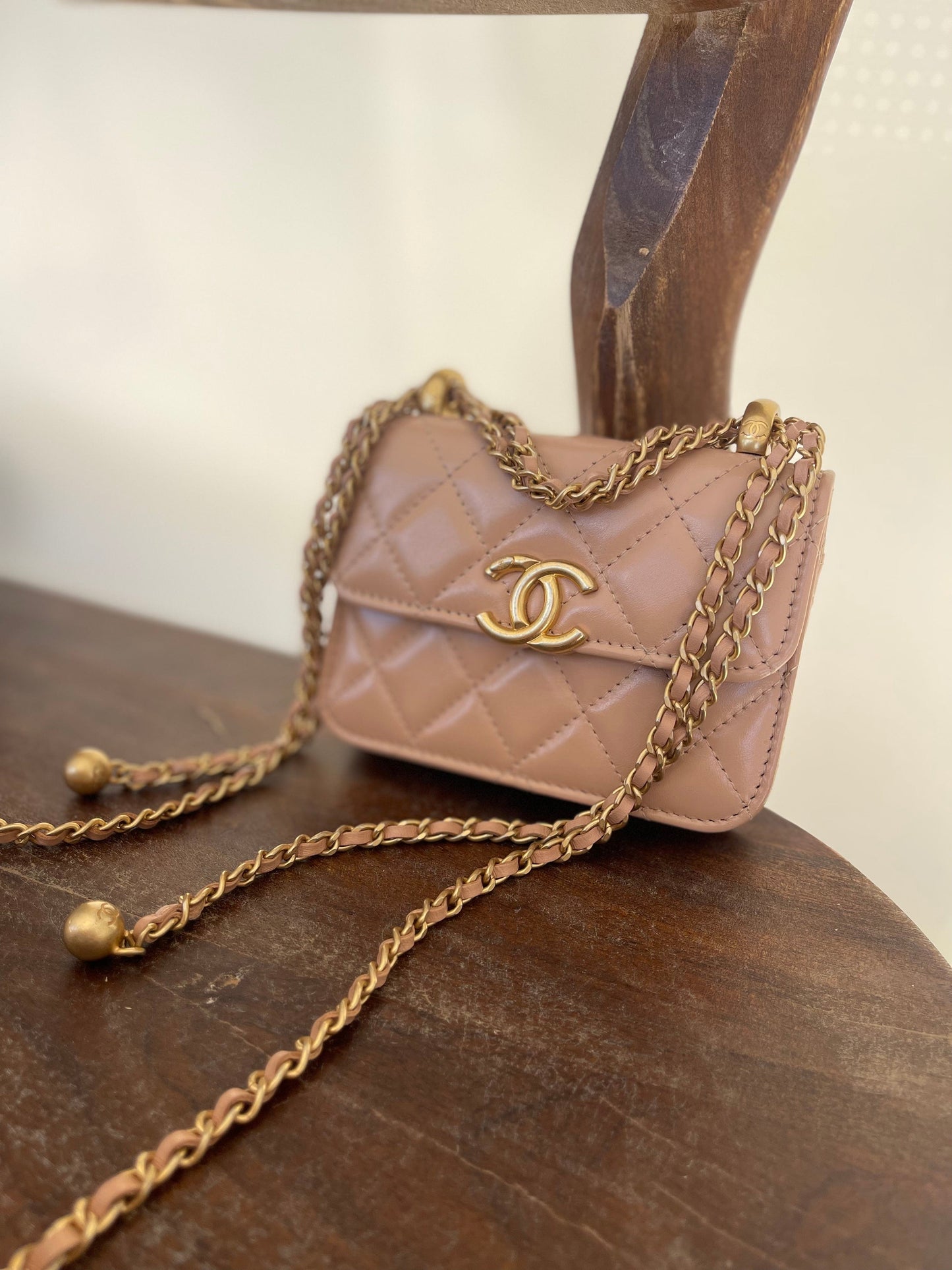 Beige Micro Lambskin Quilted Coin Purse with Chain Aged Gold Hardware