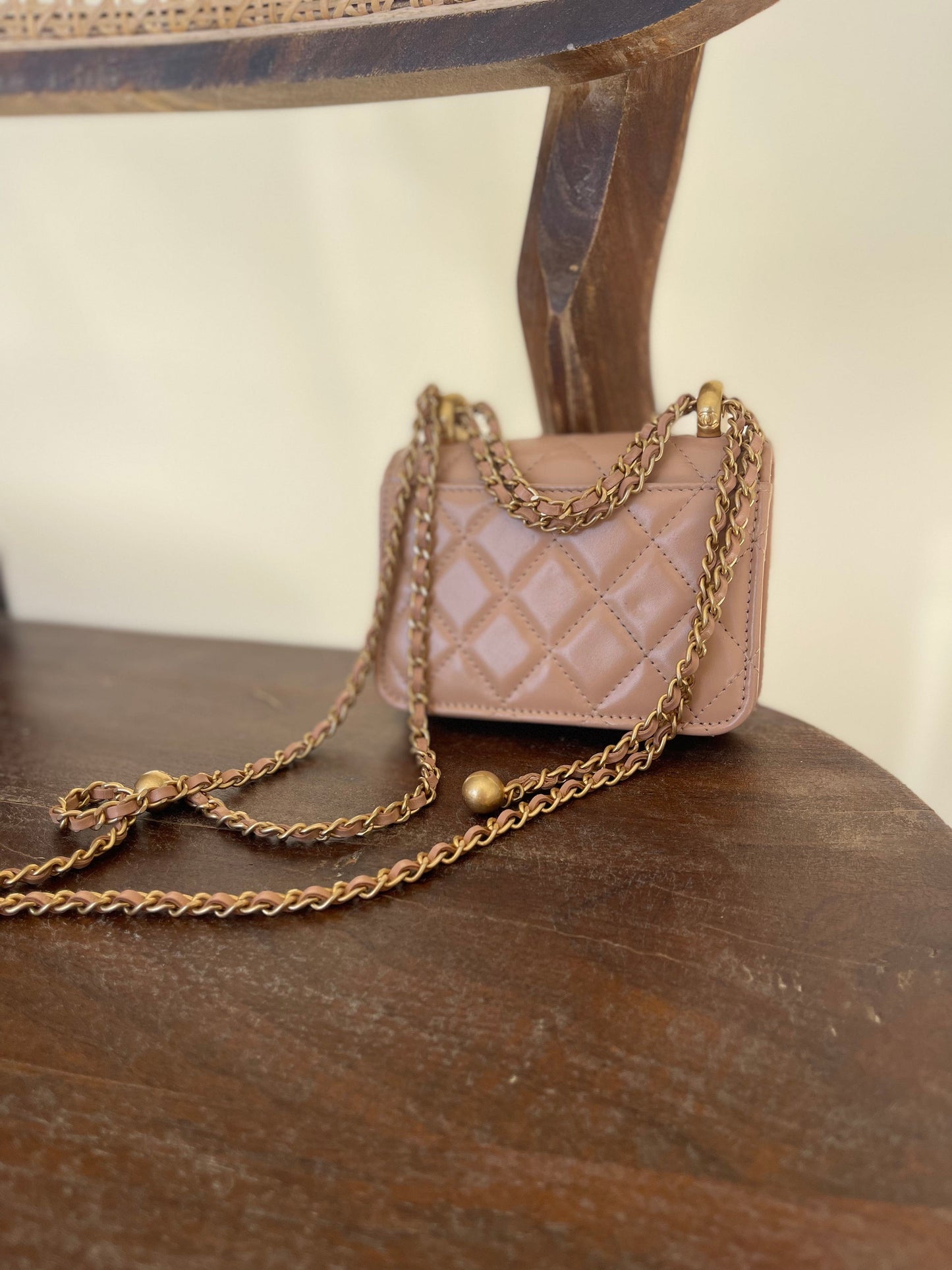 Beige Micro Lambskin Quilted Coin Purse with Chain Aged Gold Hardware