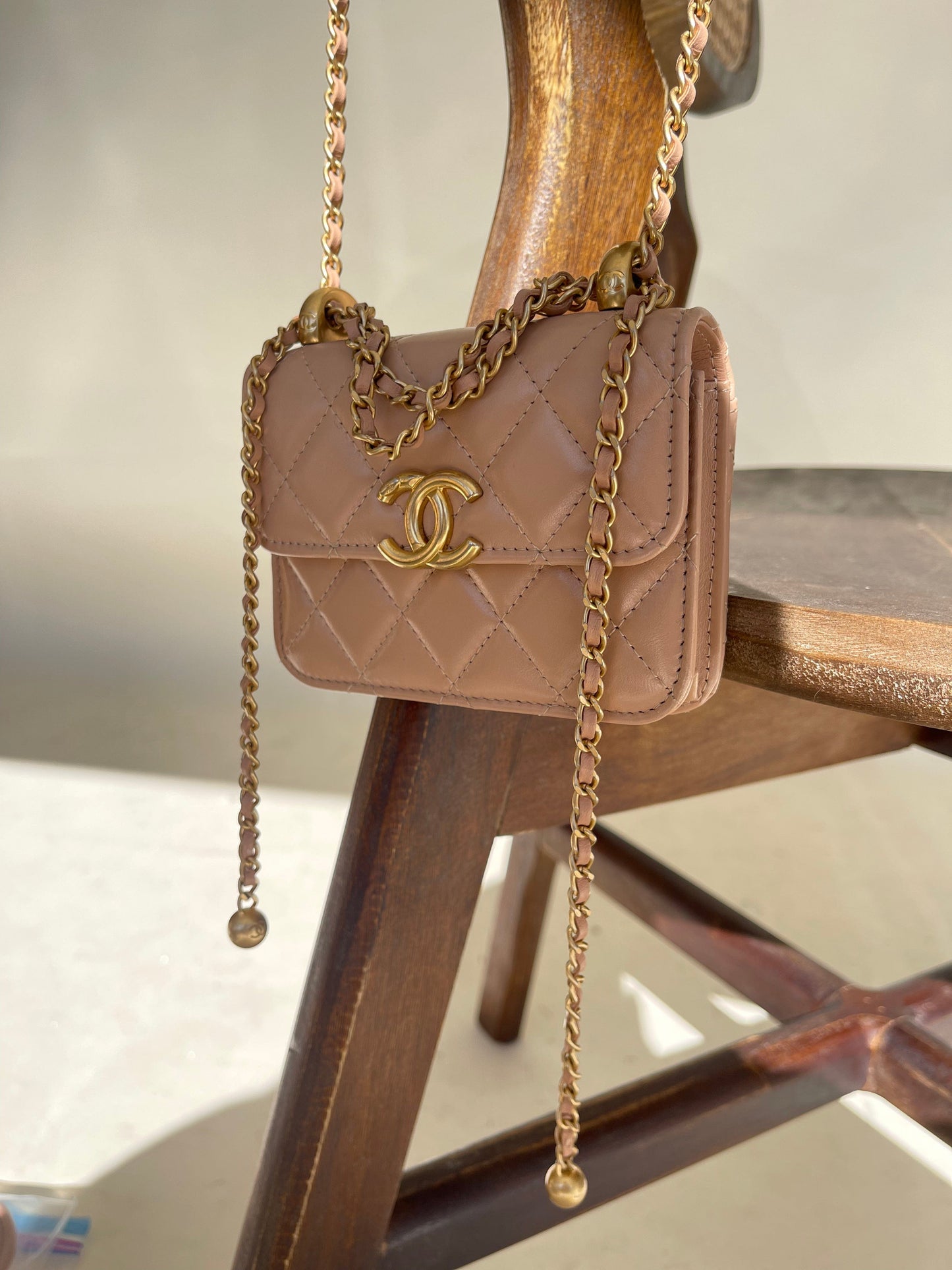 Beige Micro Lambskin Quilted Coin Purse with Chain Aged Gold Hardware