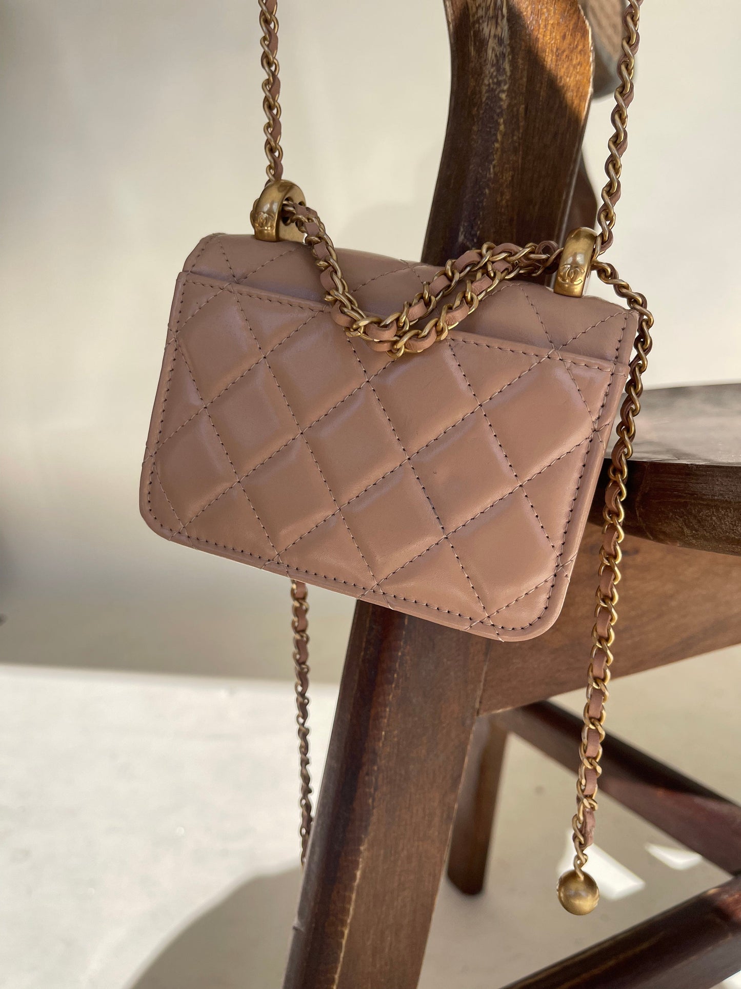 Beige Micro Lambskin Quilted Coin Purse with Chain Aged Gold Hardware