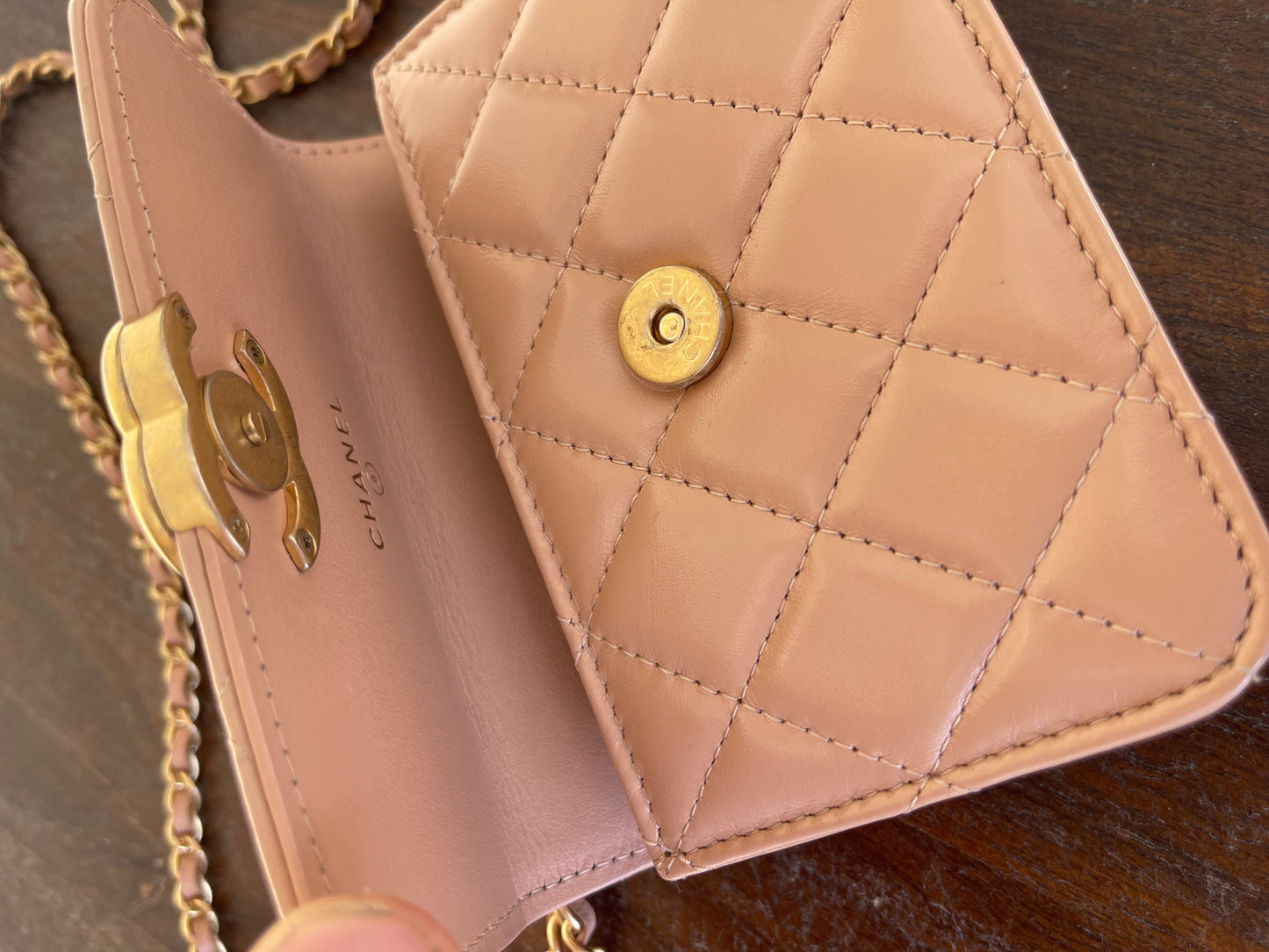 Beige Micro Lambskin Quilted Coin Purse with Chain Aged Gold Hardware