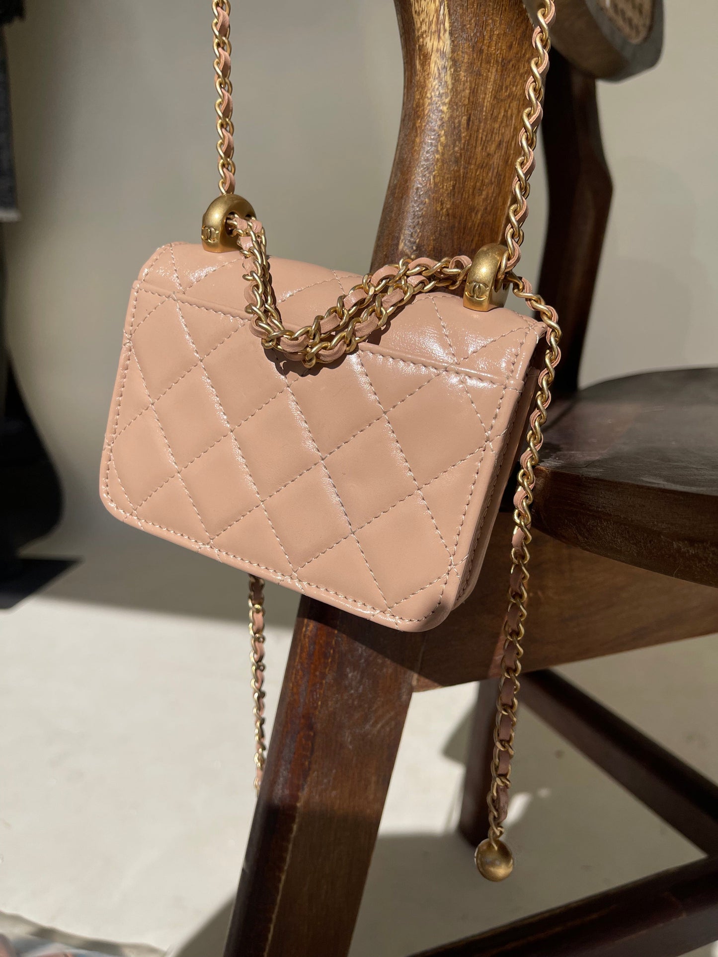 Beige Micro Lambskin Quilted Coin Purse with Chain Aged Gold Hardware