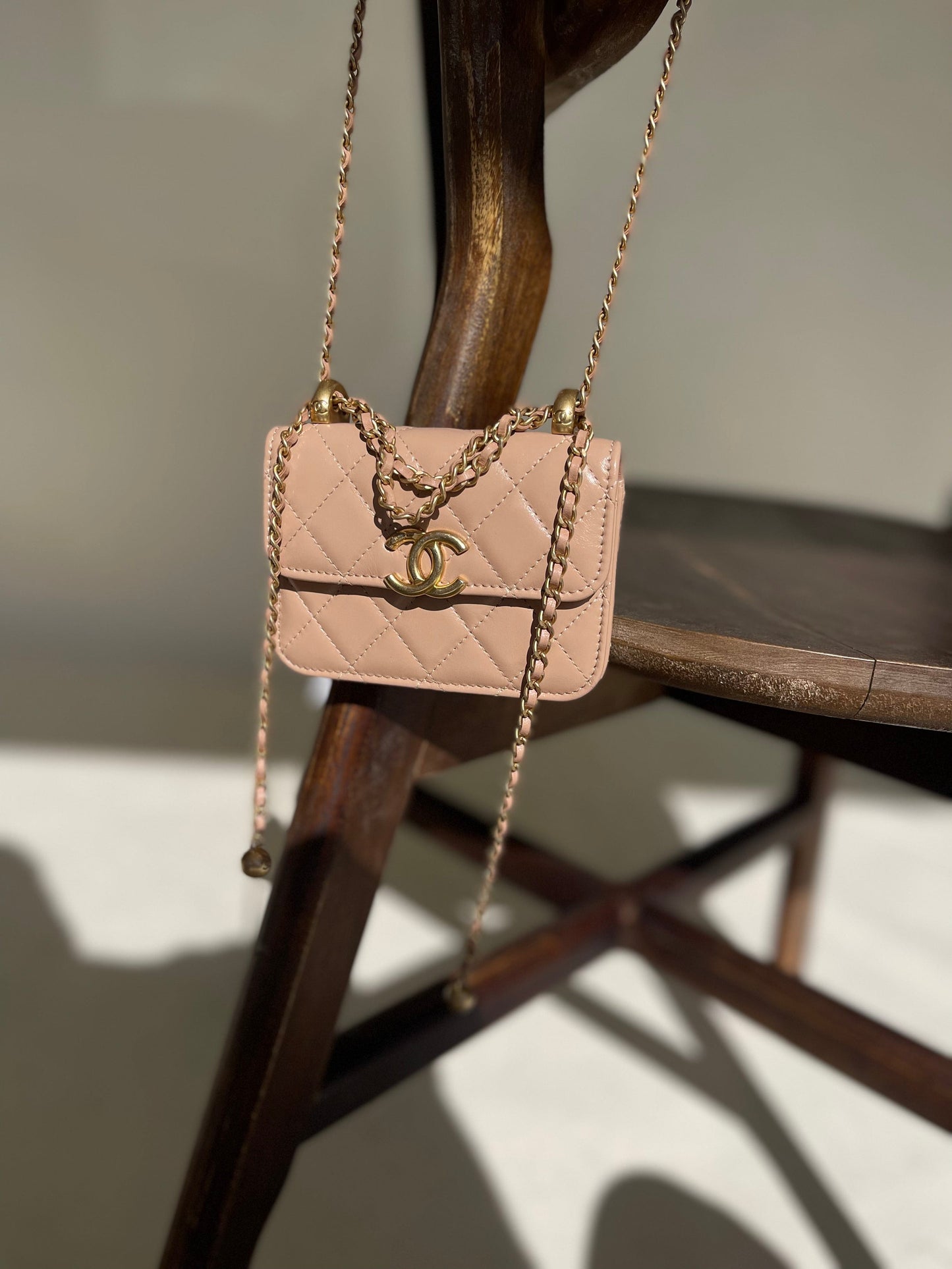 Beige Micro Lambskin Quilted Coin Purse with Chain Aged Gold Hardware