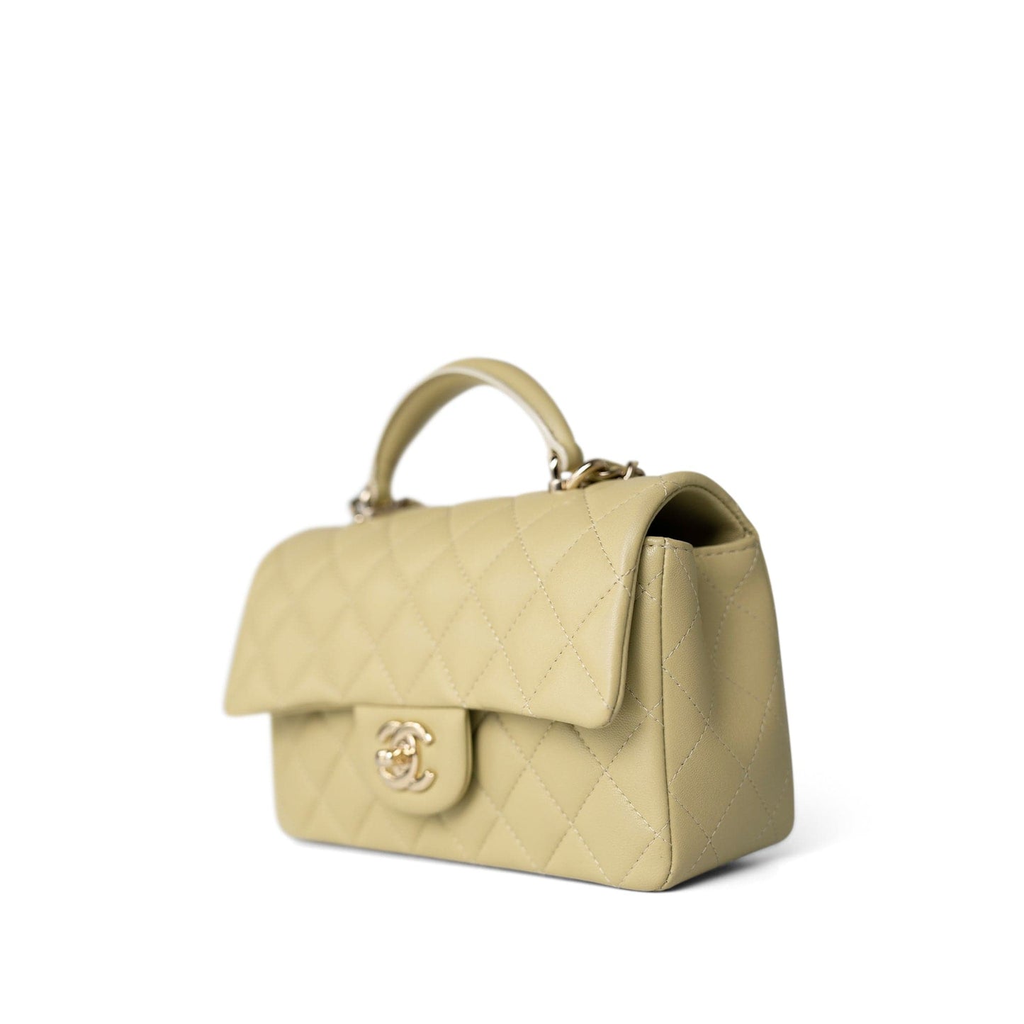 Pastel Yellow Lambskin Quilted Mini Top Handle Light Gold Hardware