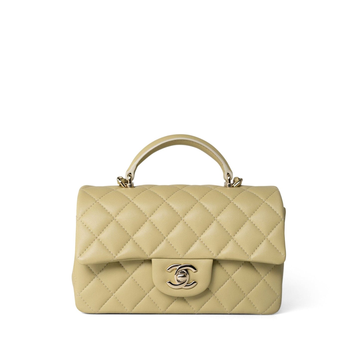 Pastel Yellow Lambskin Quilted Mini Top Handle Light Gold Hardware