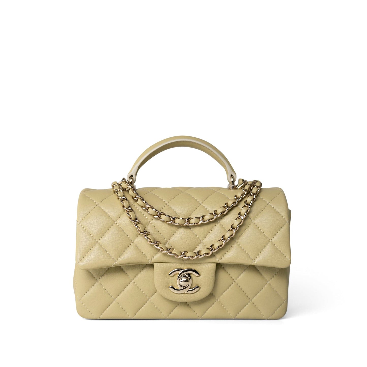 Pastel Yellow Lambskin Quilted Mini Top Handle Light Gold Hardware