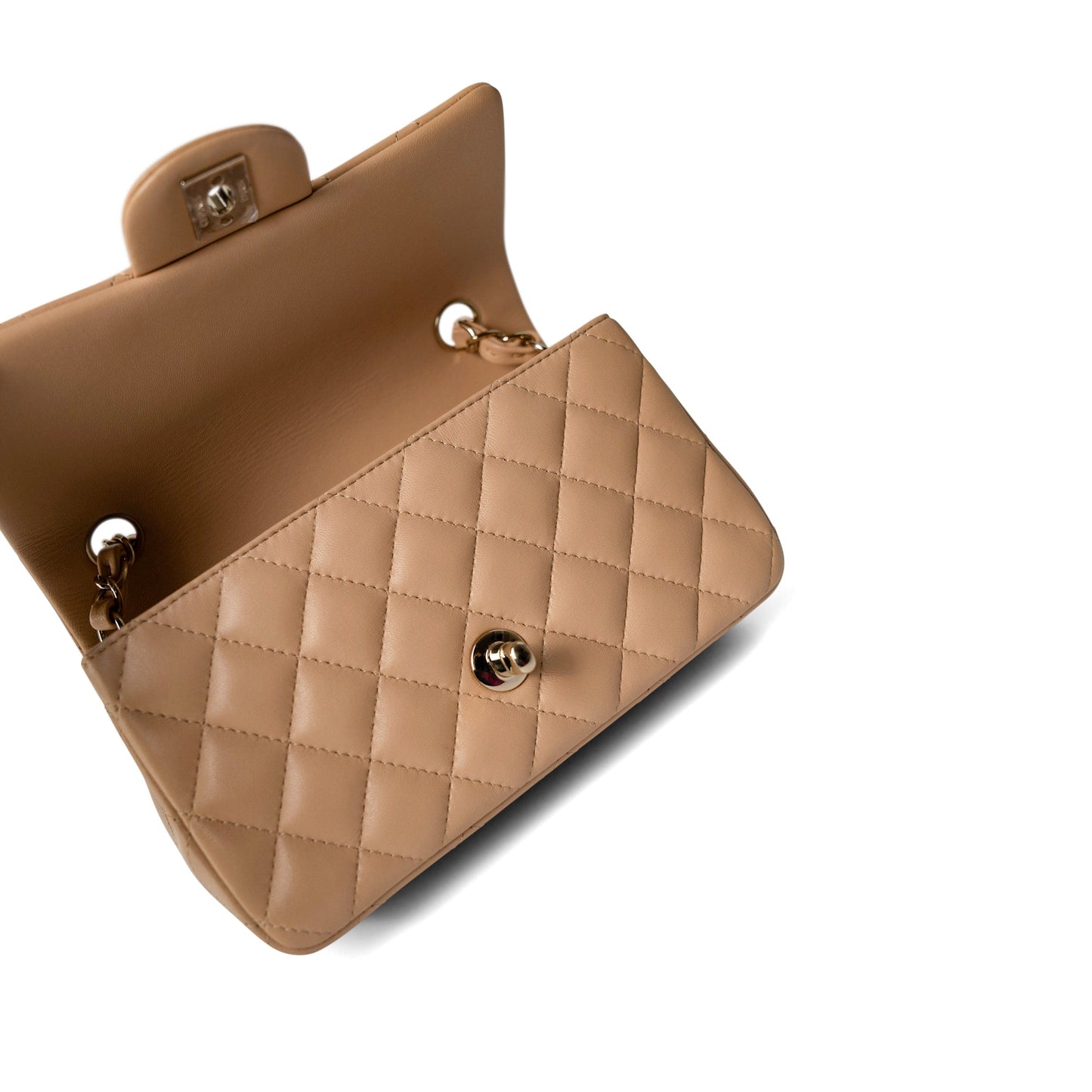 23C Beige Lambskin Quilted Mini Rectangular Flap Light Gold Hardware